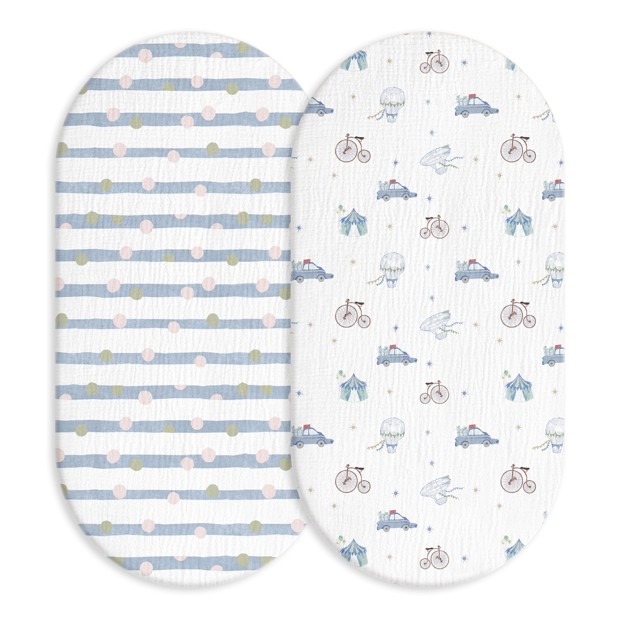 Muslin Bassinet Fitted Sheets 2 Pack, Soft Breathable Cotton Baby Bassinet Mattress Sheet Set, 360° Elastic Snug Fit, Universal for Oval, Rectangle (Cute Cars, Bassinet Sheets 2 Pack)