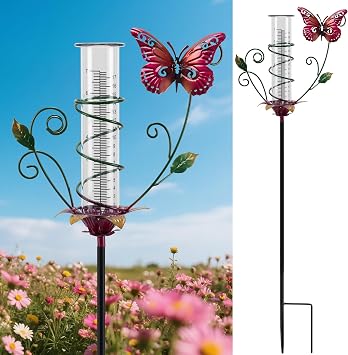 Butterfly Rain Gauge Outdoor Metal Rain Gauge Decorative with Stake Waterproof 8 Inch Rain Measure Gaugefor Yard Garden Patio Lawn