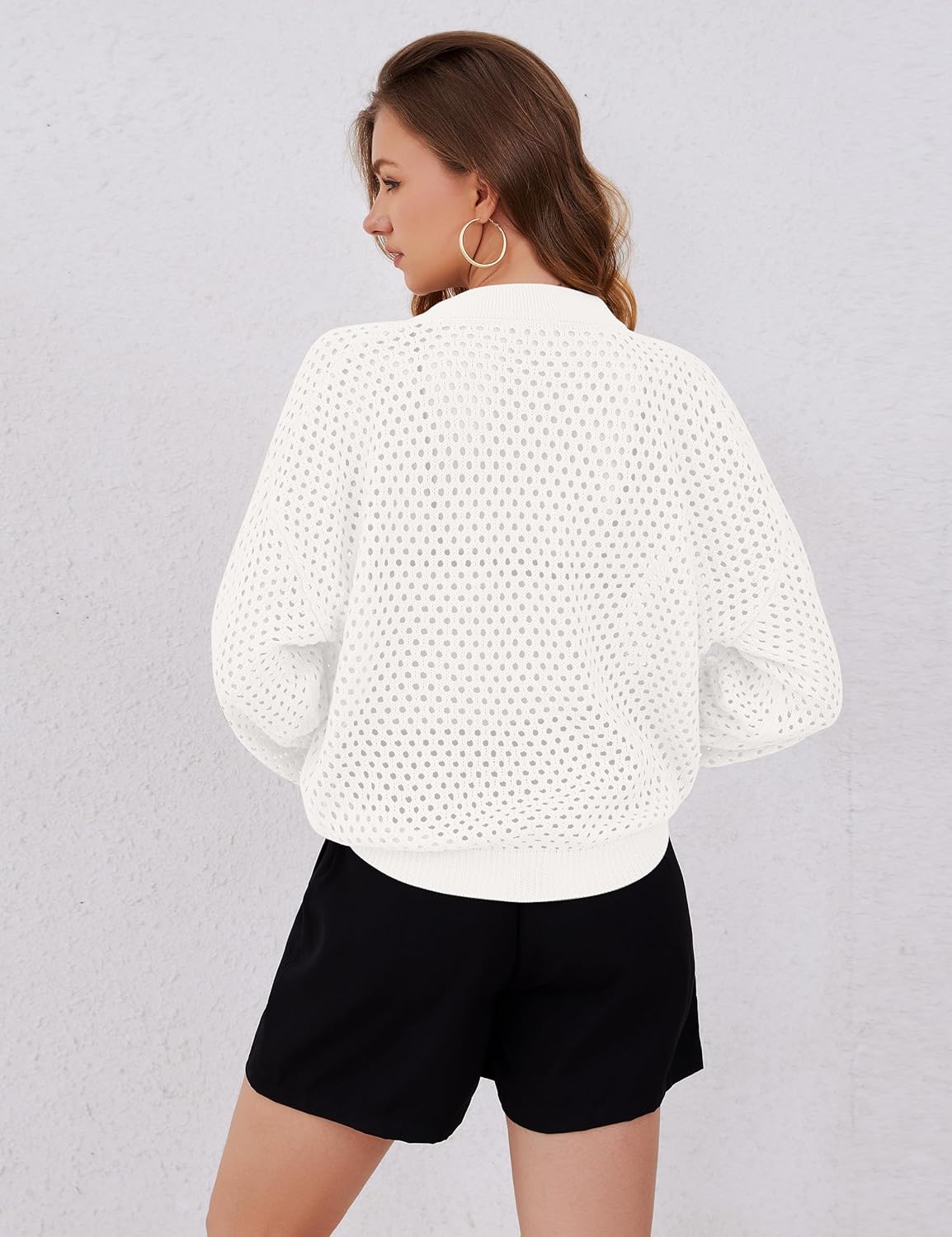 Womens Zip Up Crochet Cardigan Sweater Oversized Long Sleeve Hollow Out Knit Bomber Jacket Fishnet Sweaters