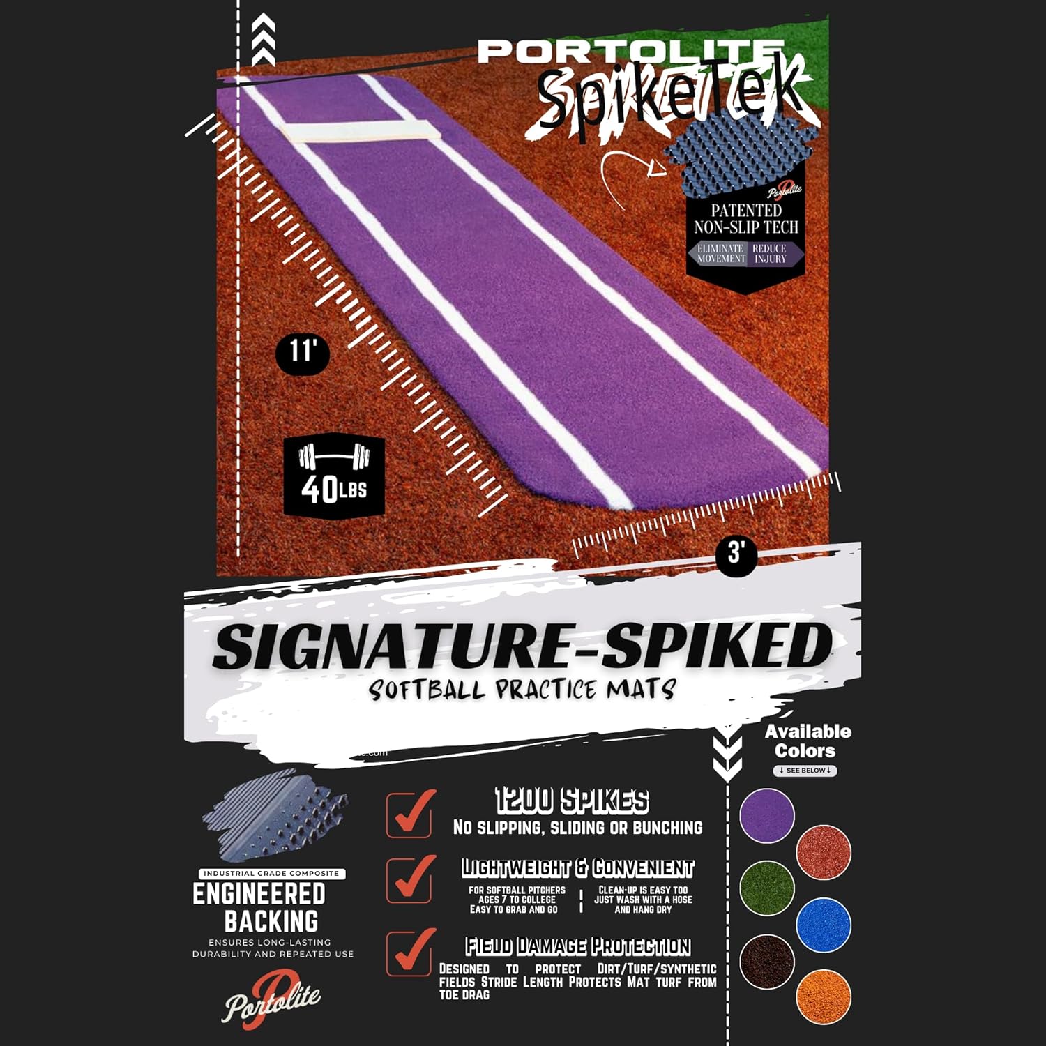 Portolite - Signature Practice Mat with Spikes - Never Slip - Softball Pitching Mats