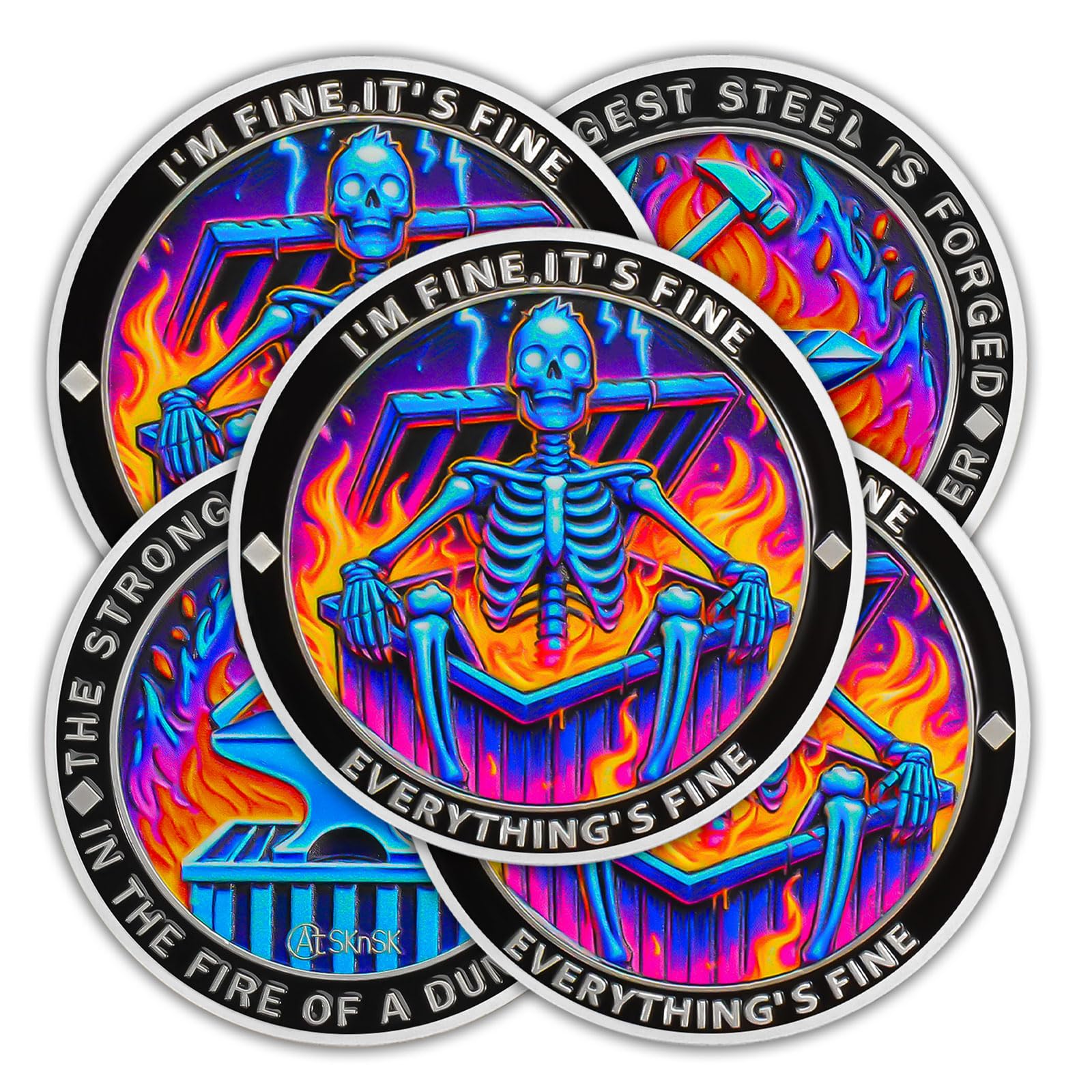 5pcs Purple Flame Skeleton Dumpster Fire Coin, I'M FINE Dumpster Fire Challenge Coin, Funny Office Desk Accessories