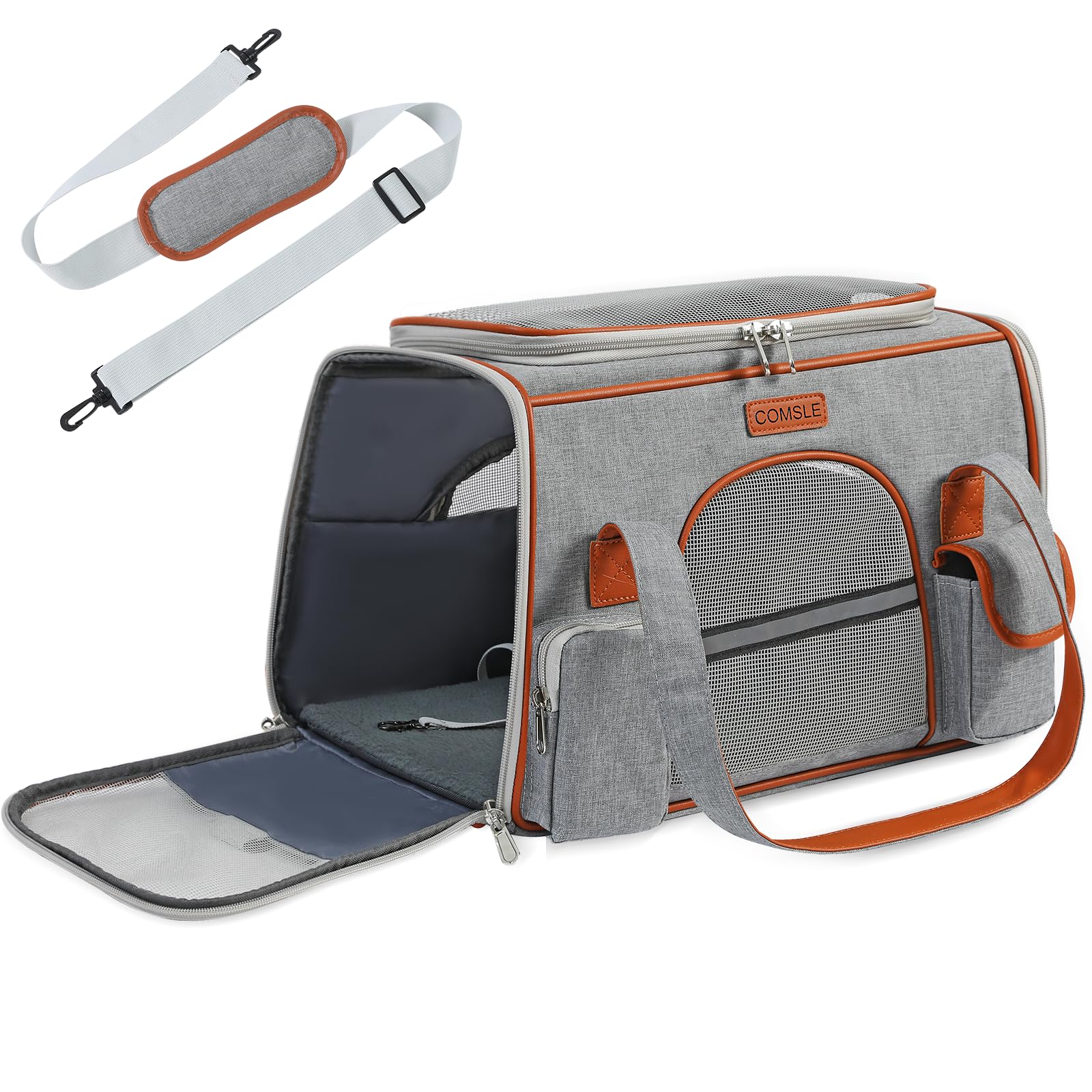 Transportín para Gatos y Perros hasta 7 kg, COMSLE Transportin Perro Avion con Malla Transpirable y Asas, Bolsa Transporte Perro con Colchón Suave, Trasportines Perro Mediano Pequeño, Gris Claro
