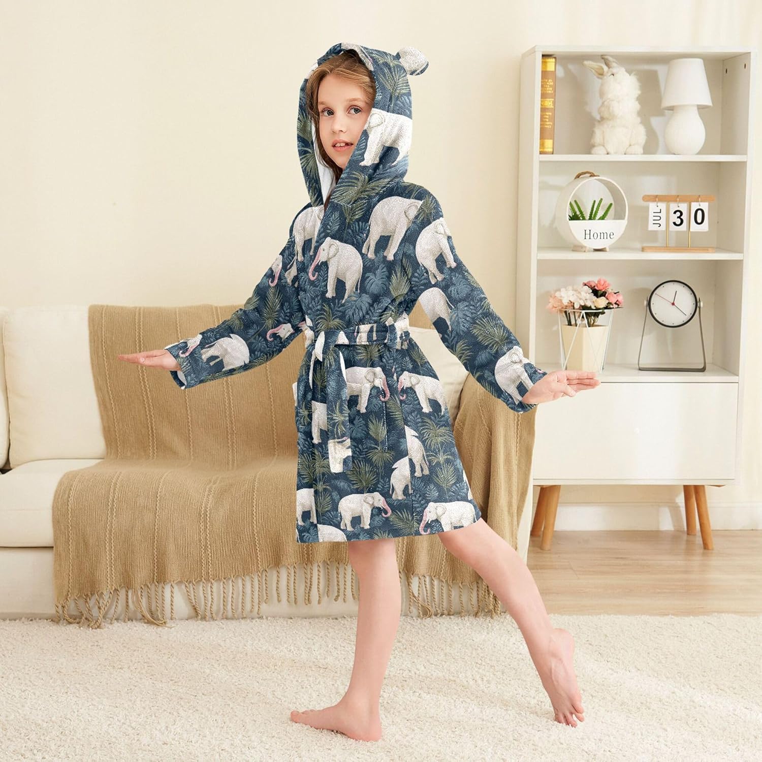 Elephants with Leaves Bathrobe Hooded PJ Robe Soft Fleece Robe Sleepwear 2-12 Years
