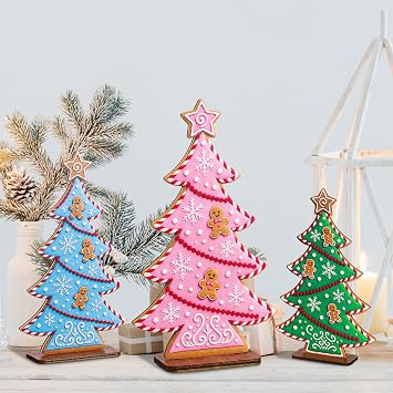 Thyle パステルクリスマスツリー 卓上装飾 キャンディーカラー 木製クリスマスツリー 木製センターピース ティアードトレイ クリスマスパーティーテーブルホームオフィス暖炉棚用デコレーション ピンク、ブルー、グリーン 3個