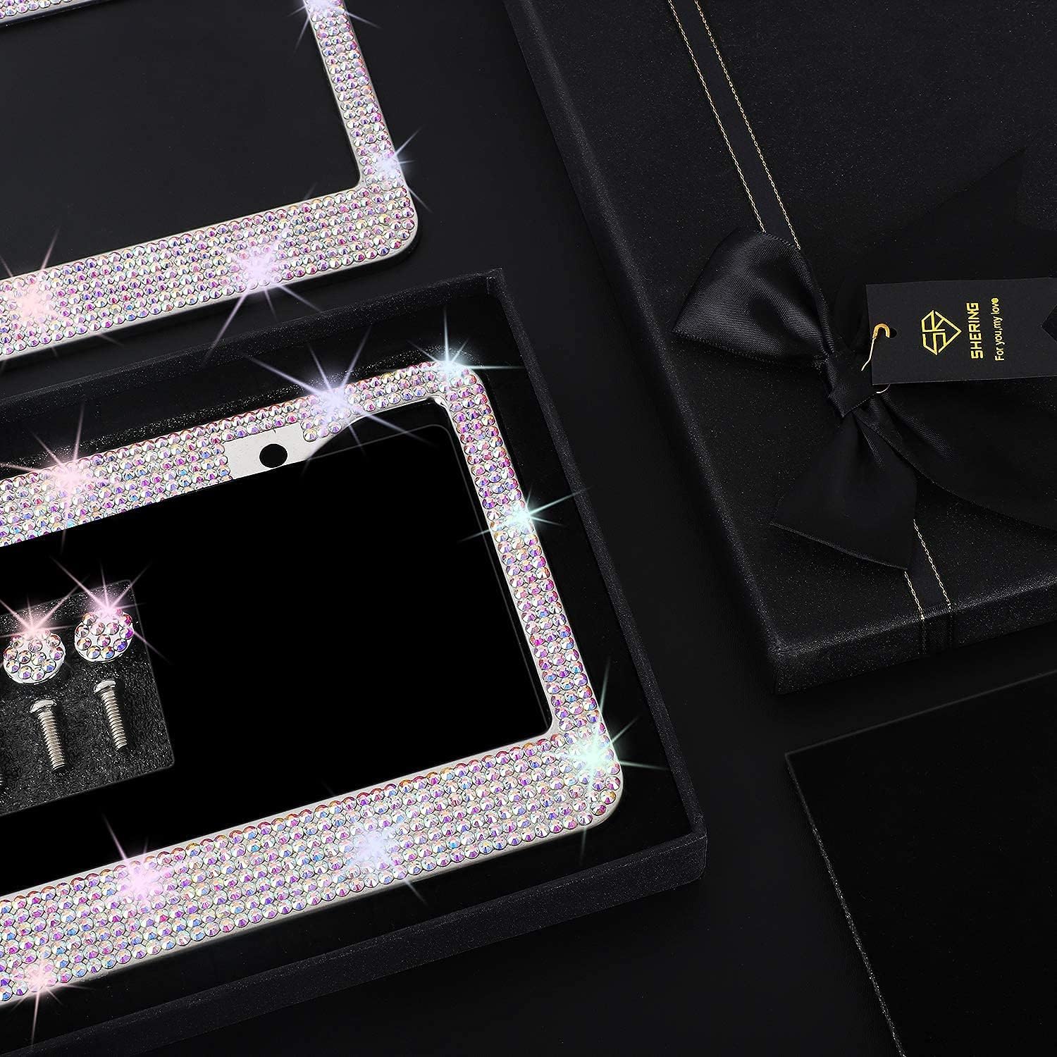 SHERING Bling License Plate Frame, 2 Pack License Plate Frame with Premium Gift Box for Women,Rhinestone License Plate Frames with 1100pcs Rhinestones (Narrow AB Colorful)