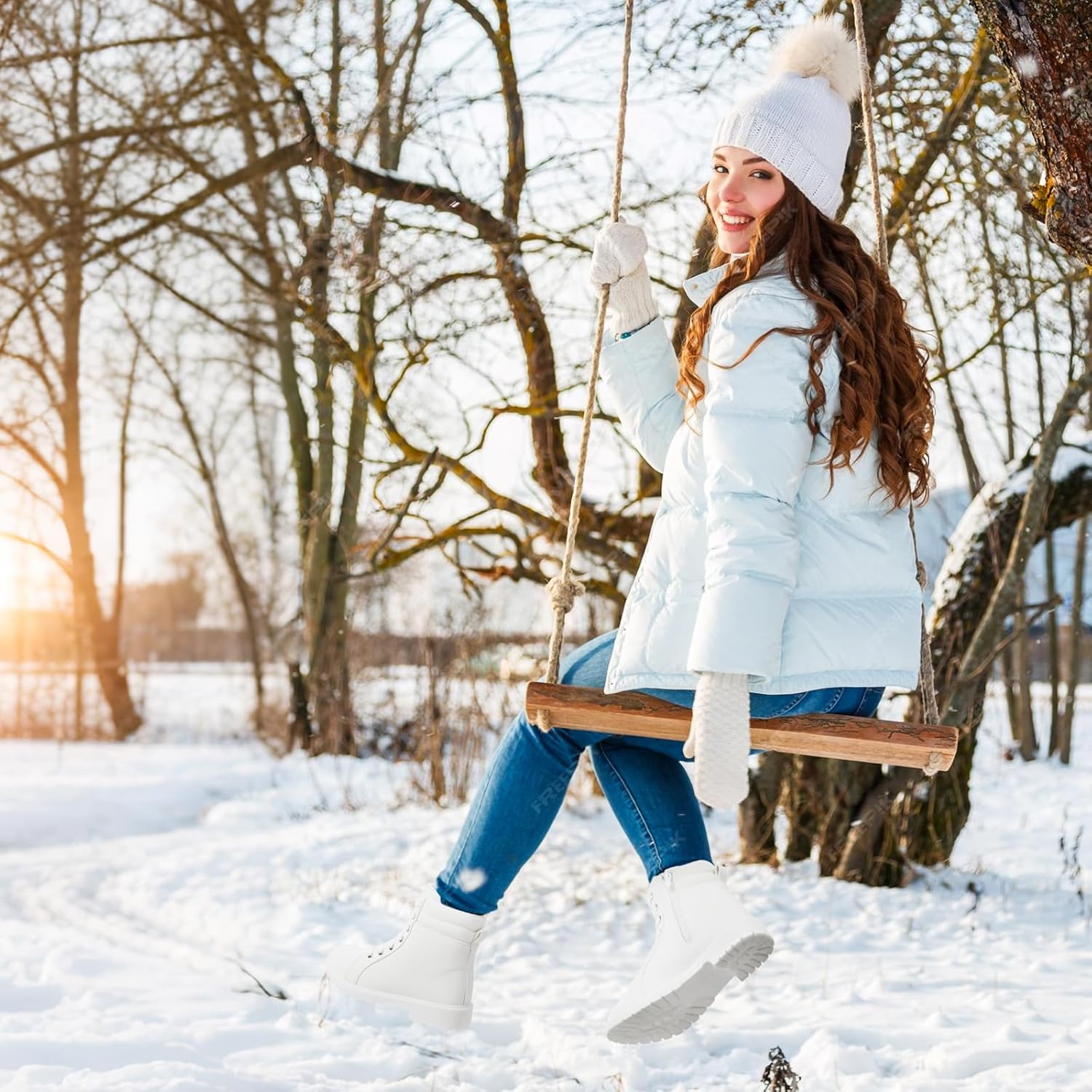 Rominz White Snow Boots for Women Black Winter Ankle Bootie with Warm Faux Fur Lining & Zipper Non-Slip Waterproof Boot - Image 3