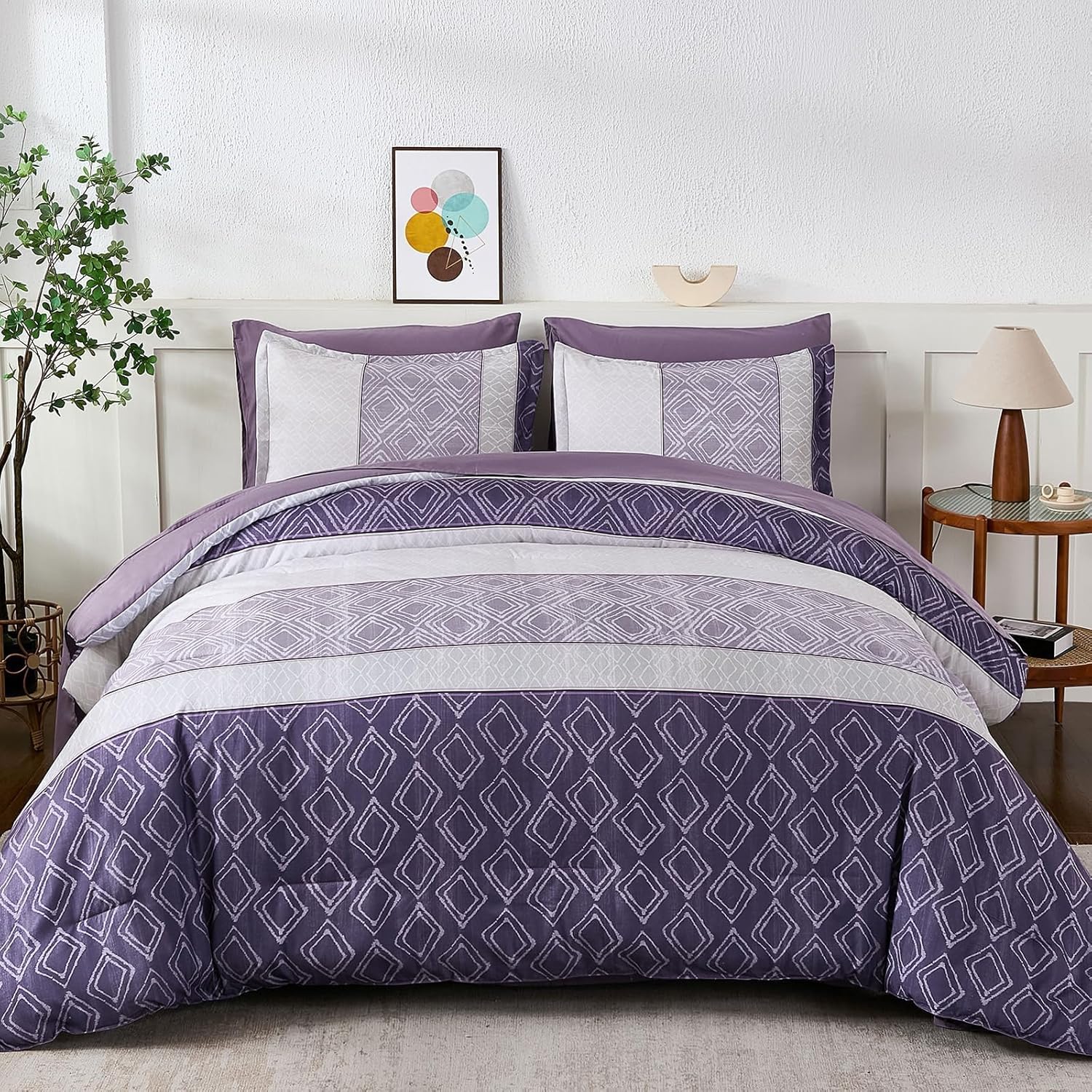 Dinjoy Boho Queen Comforter Set Purple,7 Piece Bed in a Bag Queen Size Breathable Summer Bedding Sets Plaid Striped Comforters Bed Set with Sheets for Family All Season - Image 3