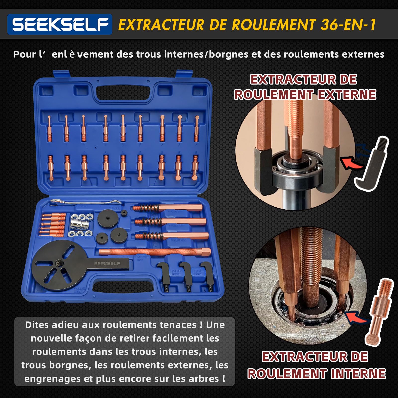 Ensemble d'Extracteur de Roulement 36 en 1, Kit de Séparateur d'Extracteur de Roulement Intérieur, Outil de Démontage de Roulement, Extracteur d'Engrenage, Bleu
