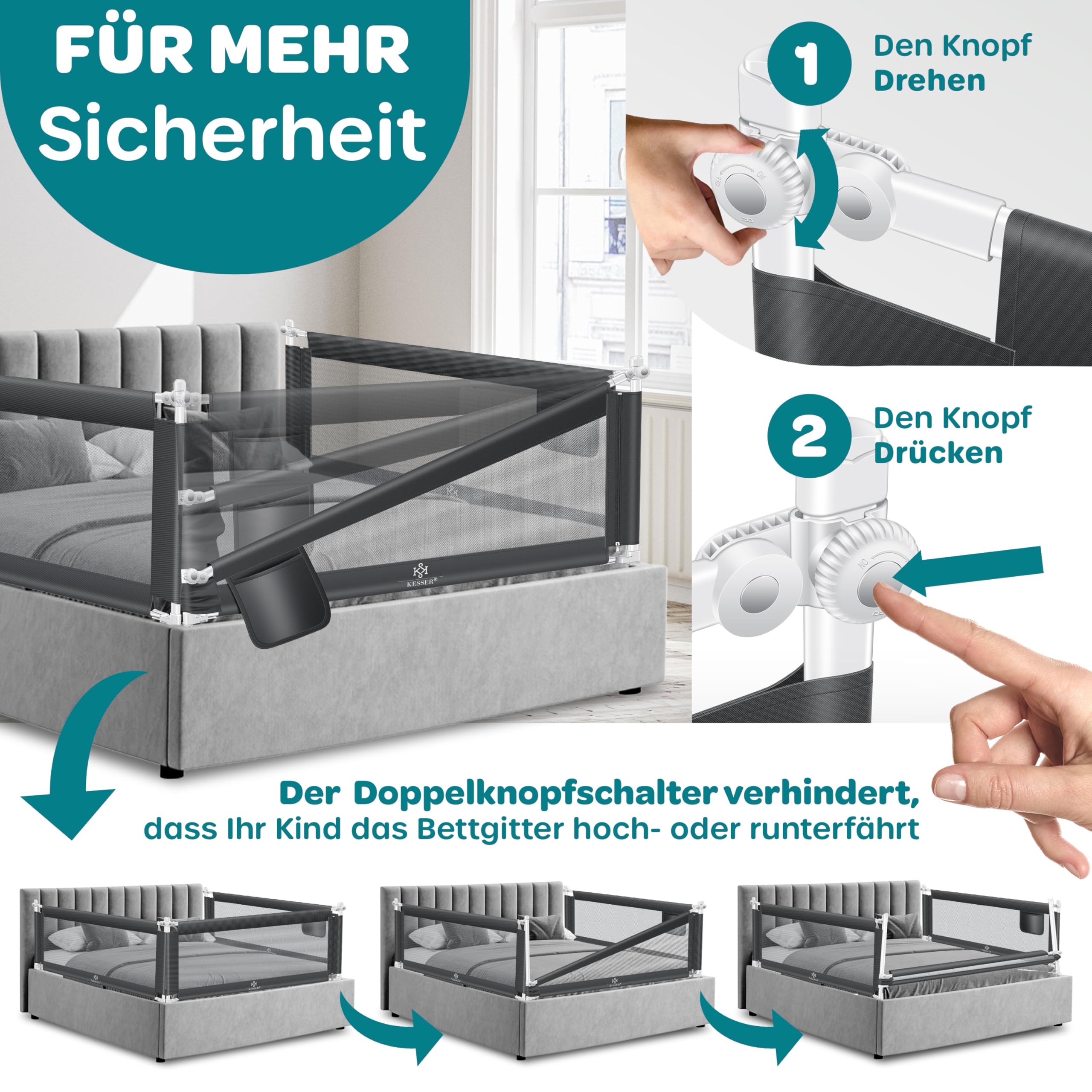 KESSER® Bettschutzgitter 200 cm, Rausfallschutz Bett & Bettgitter Kinderbett, klapp- & höhenverstellbar, Kindersicherung Baby Fallschutz, Mesh Netz, Kinderbett Schutzgitter + Tasche, Dunkelgrau