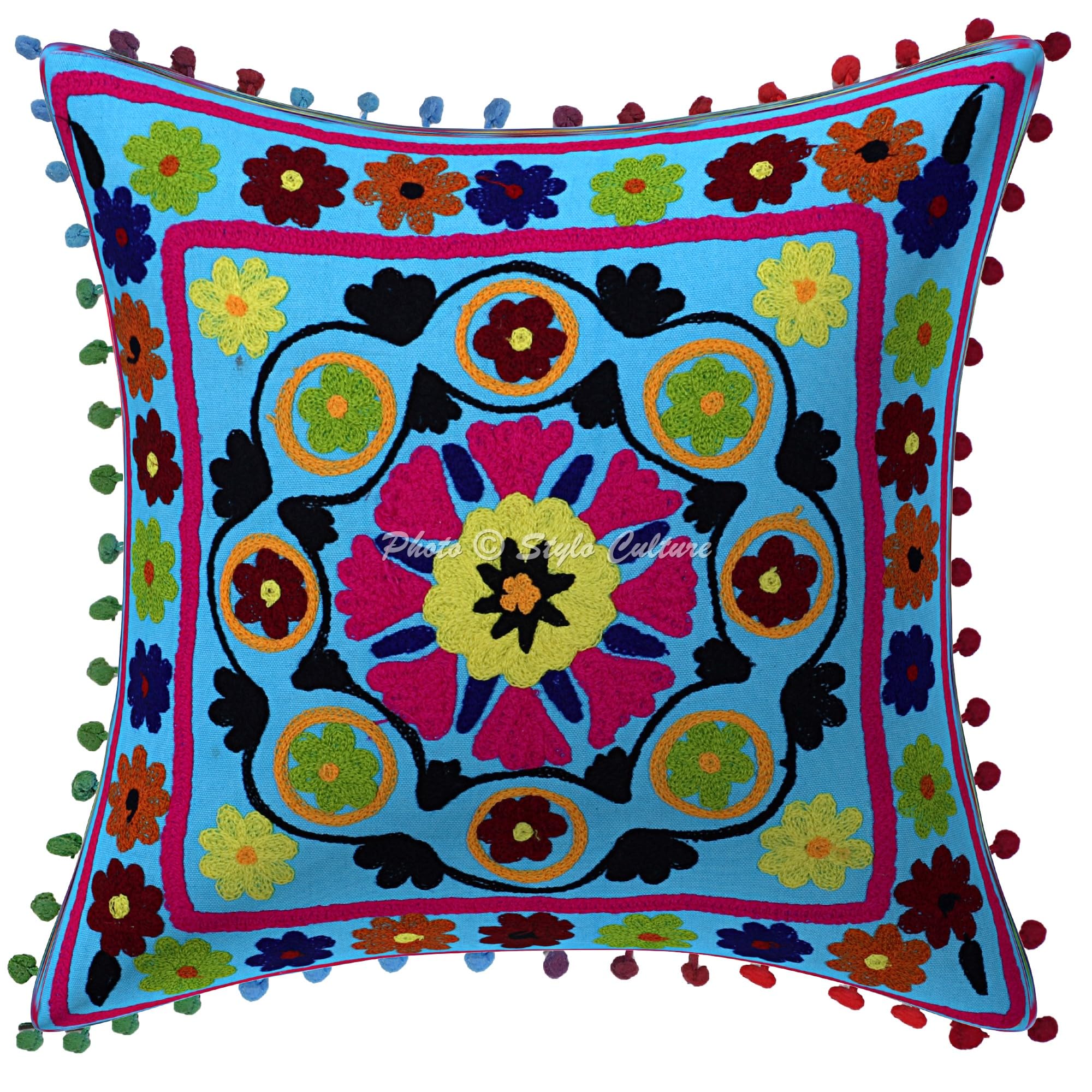 Bohemien Dekorativ Baumwolle Couch Kissenbezüge 40x40 cm Türkis Dekokissen Suzani Bestickte Pom-Pom-Spitze Schlafzimmer Sofa Kissen Bezüge Blumen Quadrat Kissenhullen - 4 STK.
