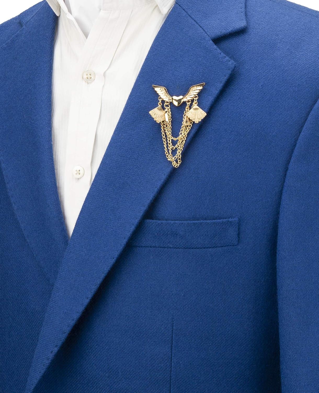 Knighthood Gold Winged Heart with Chain and Emblem Detailing Lapel Pin Badge Coat Suit Wedding Gift Party Shirt Collar Accessories Brooch for Men