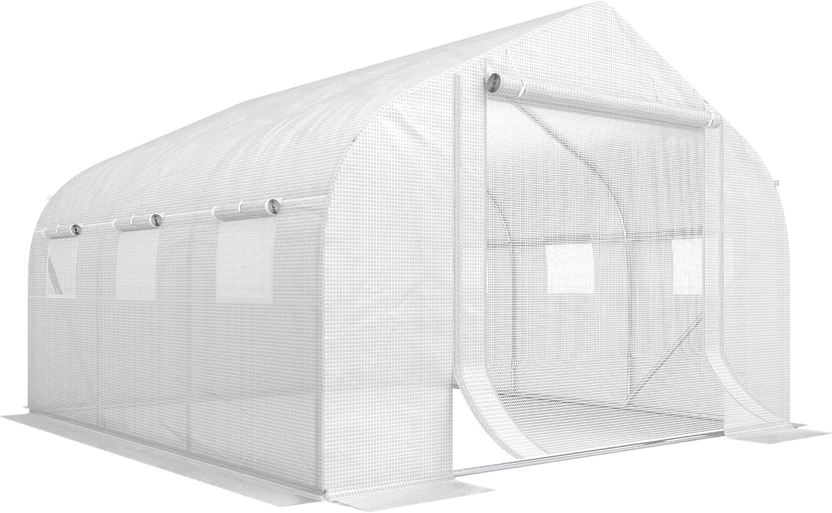 Outsunny 11.5' x 10' x 6.5' Walk-in Greenhouse with Zippered Door White | Tunnel Green House, 6 Mesh Windows, Gardening Plant Hot House, Galvanized Steel Frame