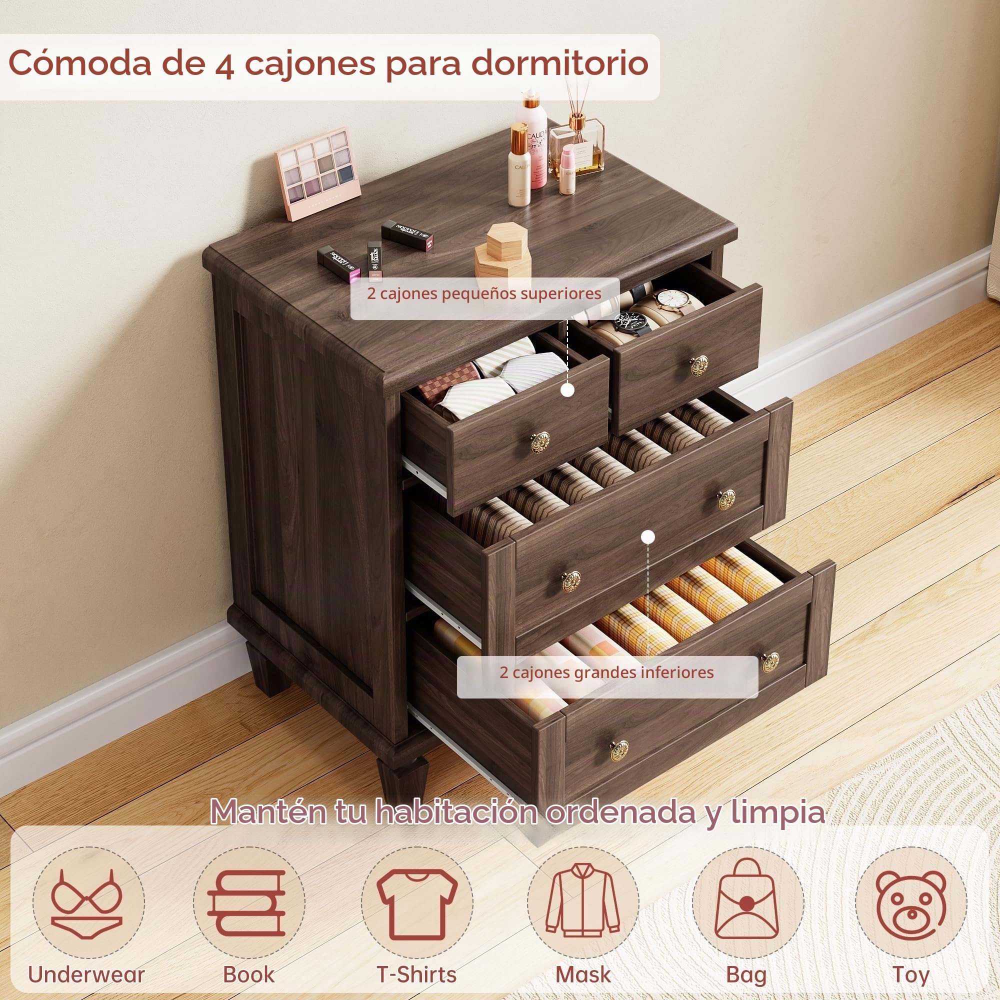 GarveeHome Cómoda Vintage de 4 cajones con Patas cónicas