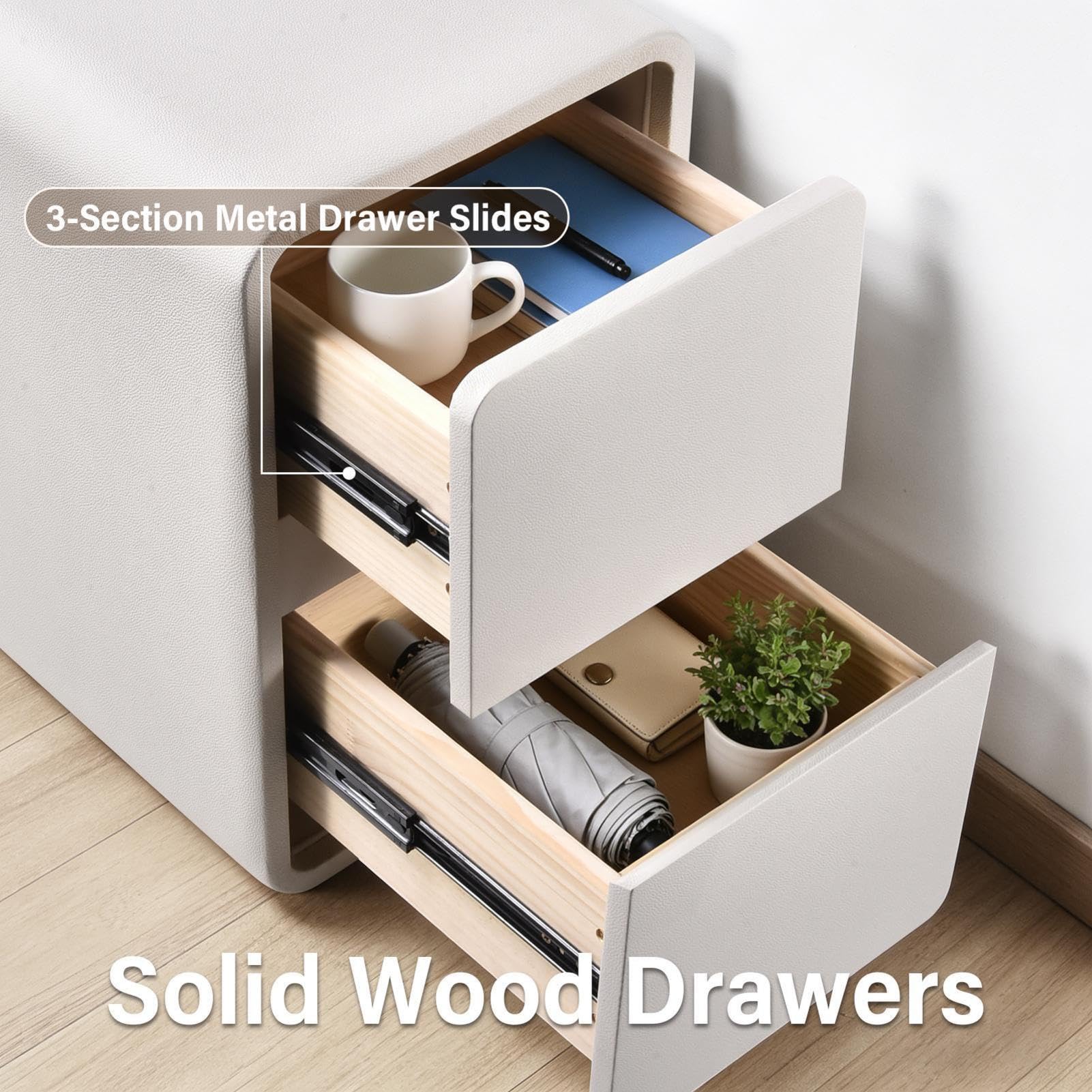 Generisch Nachttisch schmal - Beistelltisch mit 2 Schubladen, Nachttisch Holz mit 2 Ladestation, Fertig Montiert, Kunstleder, Ideal für Schlafzimmer, Wohnzimmer, Wohnheim oder Flur, 20 cm Breit(weiß)