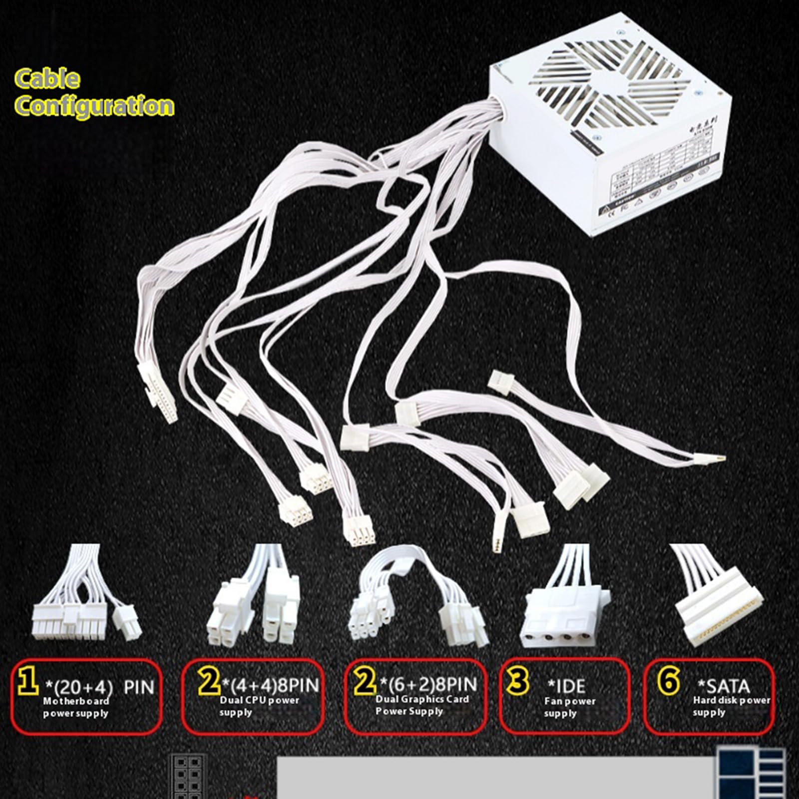 110–264 V, 750 W, für Computer, Videospiele, Computer, Weiß, Netzteil, geräuscharmer Lüfter, Doppel CPU für Gaming Server, leises Lüfter Netzteil