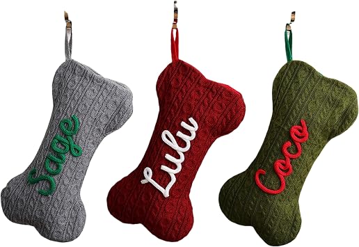 WANSHUNLMI Personalized Cable Knit Dog Bone Christmas Stocking, Holiday Pet Decor, Multiple Colors, 16 Inches Pet