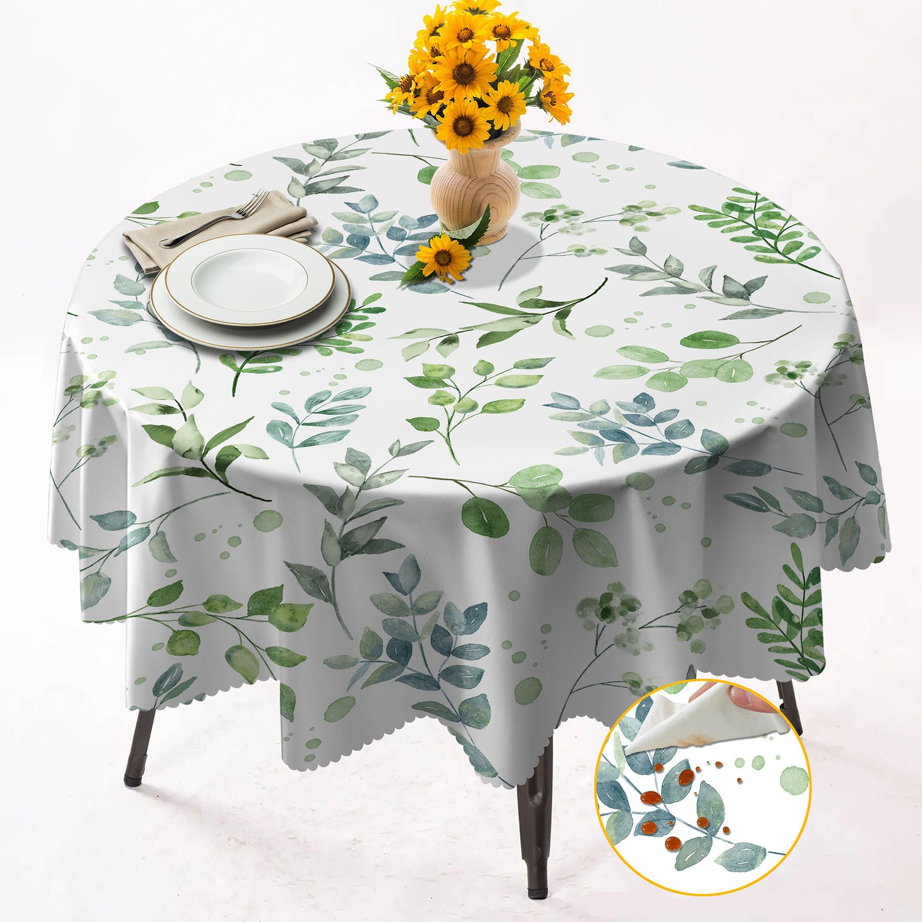 Round Tablecloth 152cm Wrinkle Free Washable Polyester Table Cloth for Circular Table, Home Dining Party Use,Green Watercolor Leaves Round Wipe Clean Tablecloth 60 Inches (Color 17)