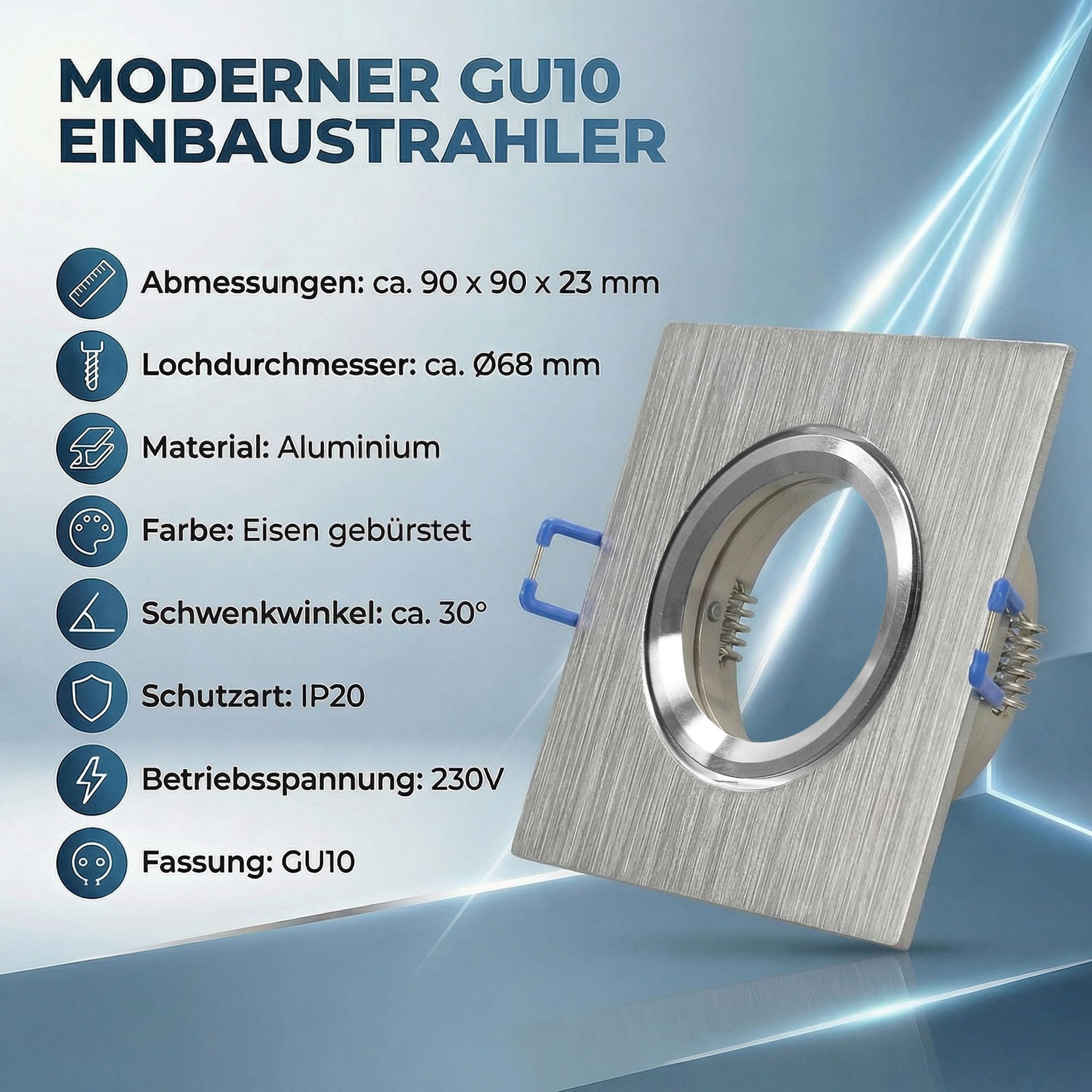 10x Einbaustrahler IP20 GU10 Fassung, Eckig, Alu gebürstet, schwenkbar