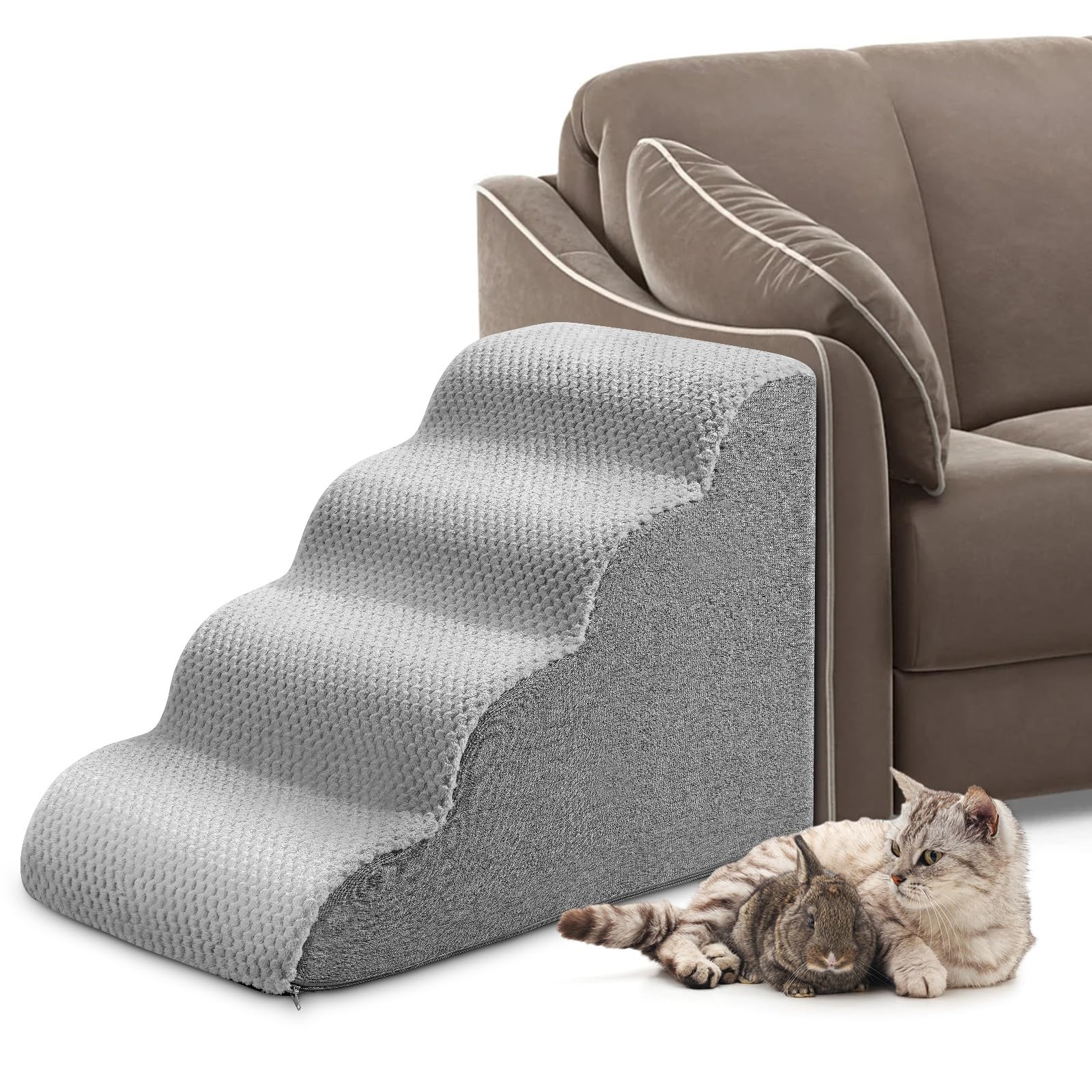 Potuem Escalera para Mascotas, Escalera Perro de 4 Peldaños, Rampa para Perros Gatos con Funda Extraíble y Lavable, Escalera para Perros para Subir a la Cama y Sofá, 72cm x 40,5cm x 52,5cm, Gris