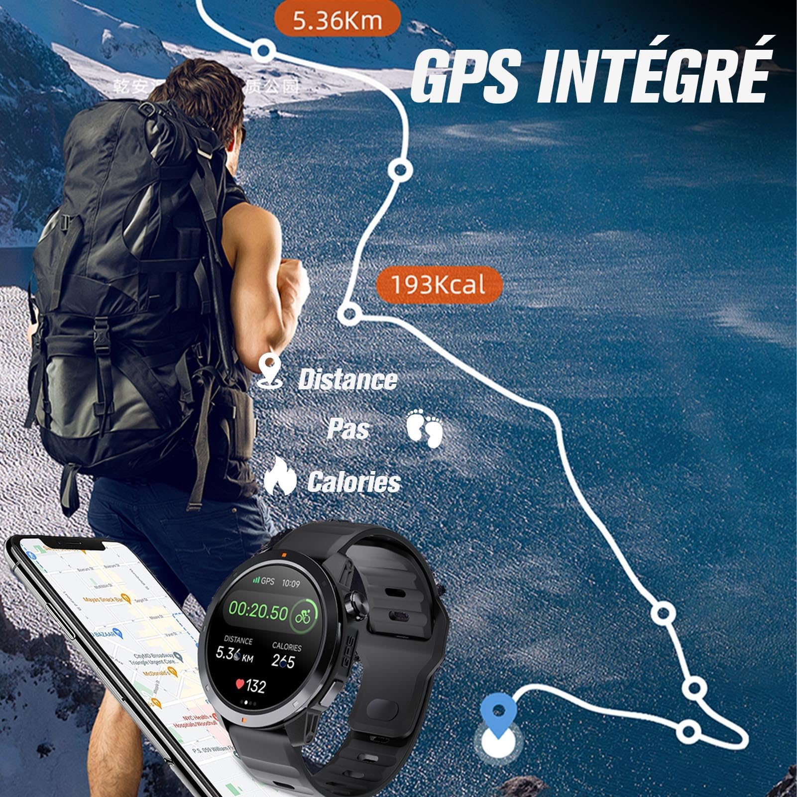 Orologio GPS impermeabile Orologio da uomo donna sportivo multi attività pedometro chiamate Bluetooth lunga durata monitoraggio frequenza bussola monitoraggio pressione atmosferica, Altimetro 1ATM