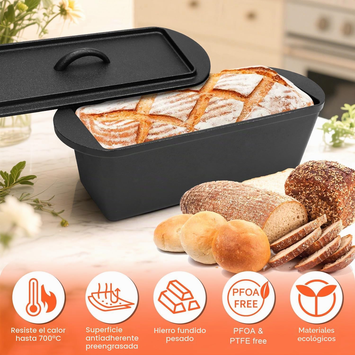 GFTIME Olla de hierro fundido de 36 cm para hornear pan, molde para hornear pan con tapa, molde robusto con tapa, ideal para pan, pan de hierro fundido, molde para pan tostado