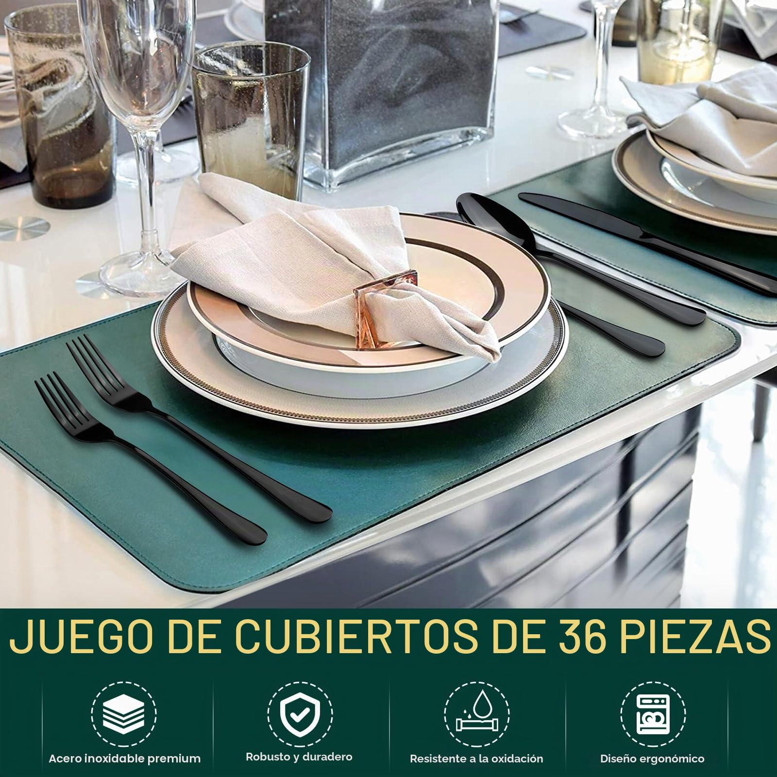 TAN REN Cuberteria negra para 6 personas, Juego de cubiertos de acero inoxidable de 36 piezas(Negro), incluye cuchillo, tenedor, cuchara, cuchillo de carne, pulido espejo, apto para lavavajillas