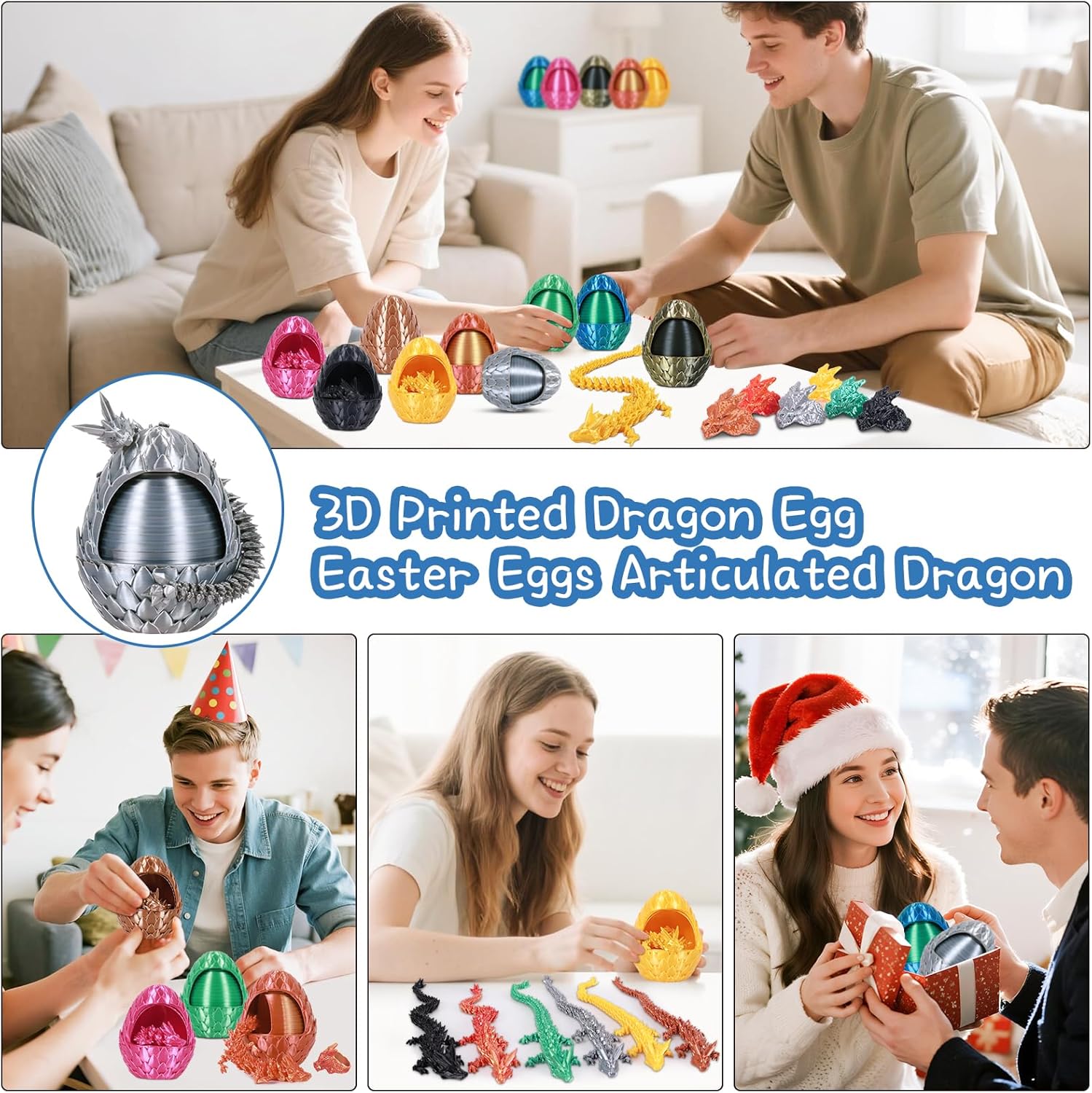 3D Printed Dragon Egg, Easter Egg with Dragon Inside, Pearlescent for Easter Basket Stuffer & Birthday Party Gift Silver