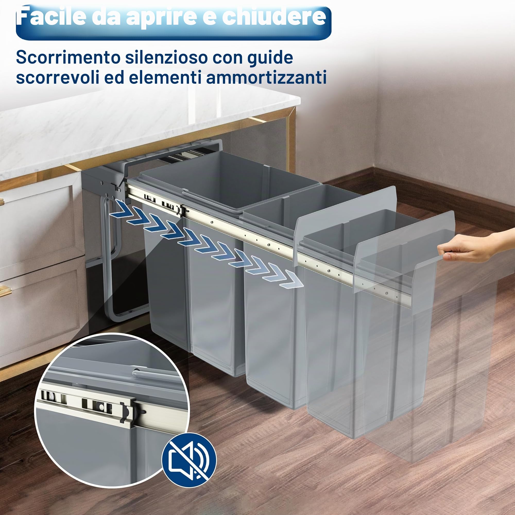 Froadp - Pattumiera da incasso per cucina, estraibile, con raccoglitore di rifiuti, 2 scomparti, sistema di separazione dei rifiuti, estrazione completa con guide telescopiche, 48 x 26 x 41,8 cm