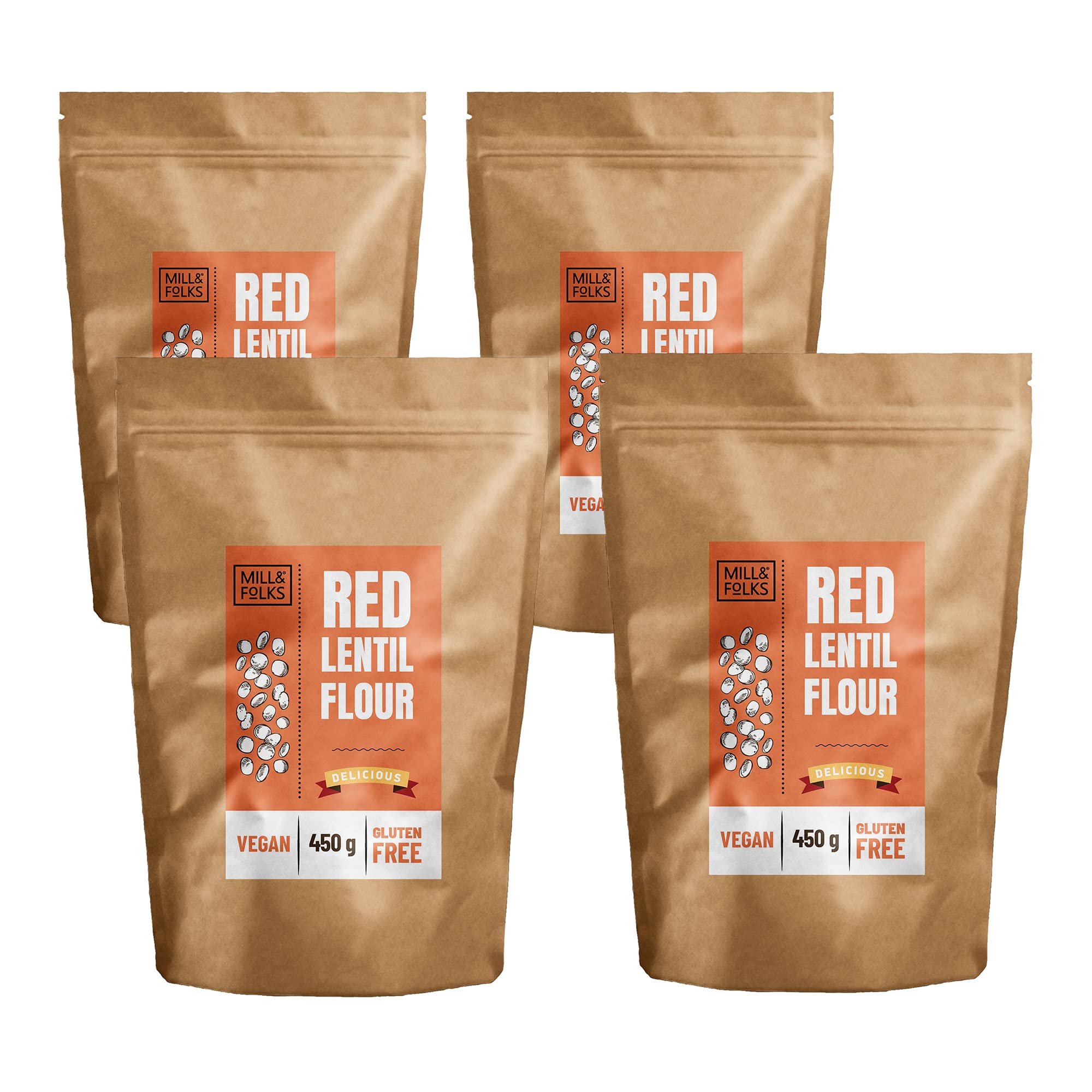 Mill & Folks Harina de lentejas rojas, 4 x 450 g, vegana y sin gluten
