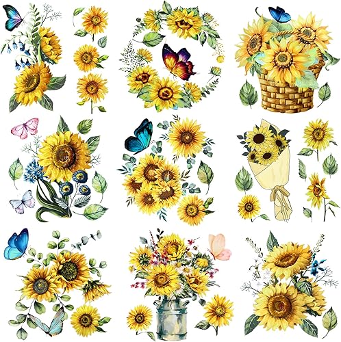 9 Sheets Sunflower Rub on Transfer for Furniture and Craft Spring Summer Vintage Flowers Butterflies Spring Rub on Decal Transfer Sticker for Craft
