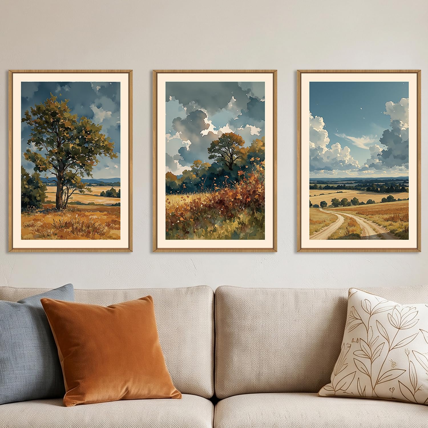 KAIRNE Vintage Country Landscape Framed Canvas Wall Art,Watercolor Pastoral Tree Wall Decor,Neutral Fall Scenery Art Prints,Retro Field Wilderness Artwork for Living Room,Bedroom,Farmhouse-24 x36 x3