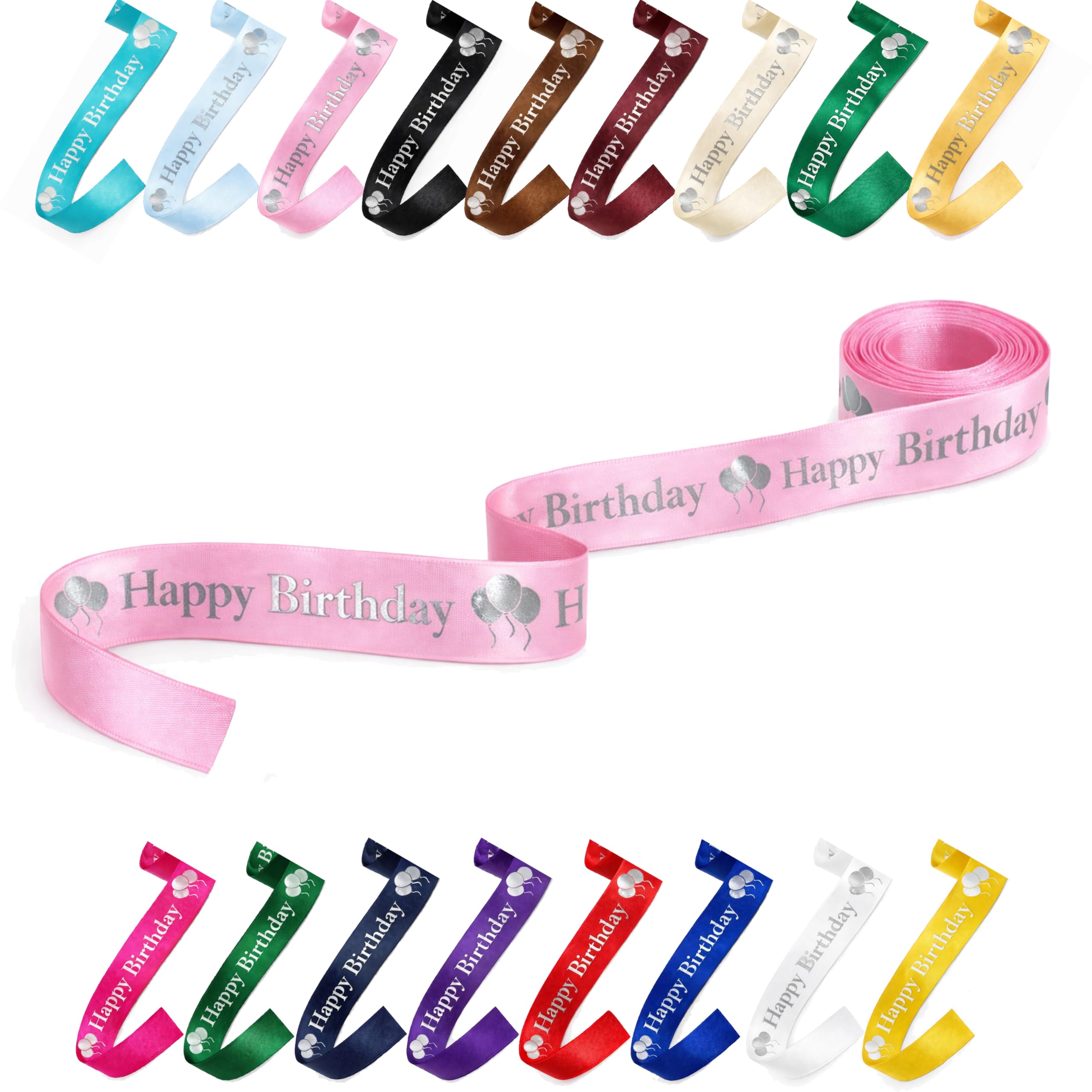 25mm (1") Wide Happy Birthday Luxury, Vibrant Satin Ribbon for Gift Wrapping, Flower Bouquet, Crafts, Balloons, Party Decoration with Metallic Silver Text & Balloon Print (Baby Pink, 10 Metres)