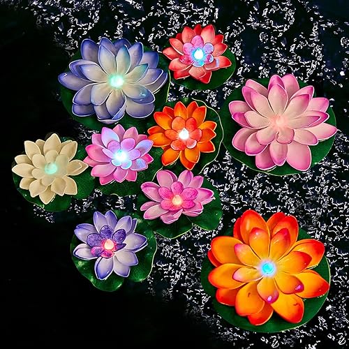 Miniatura 1 de Paquete de 9 luces flotantes para piscina, farol de flor de loto, de espuma artificial, luces LED realistas para piscina, farol de piscina,