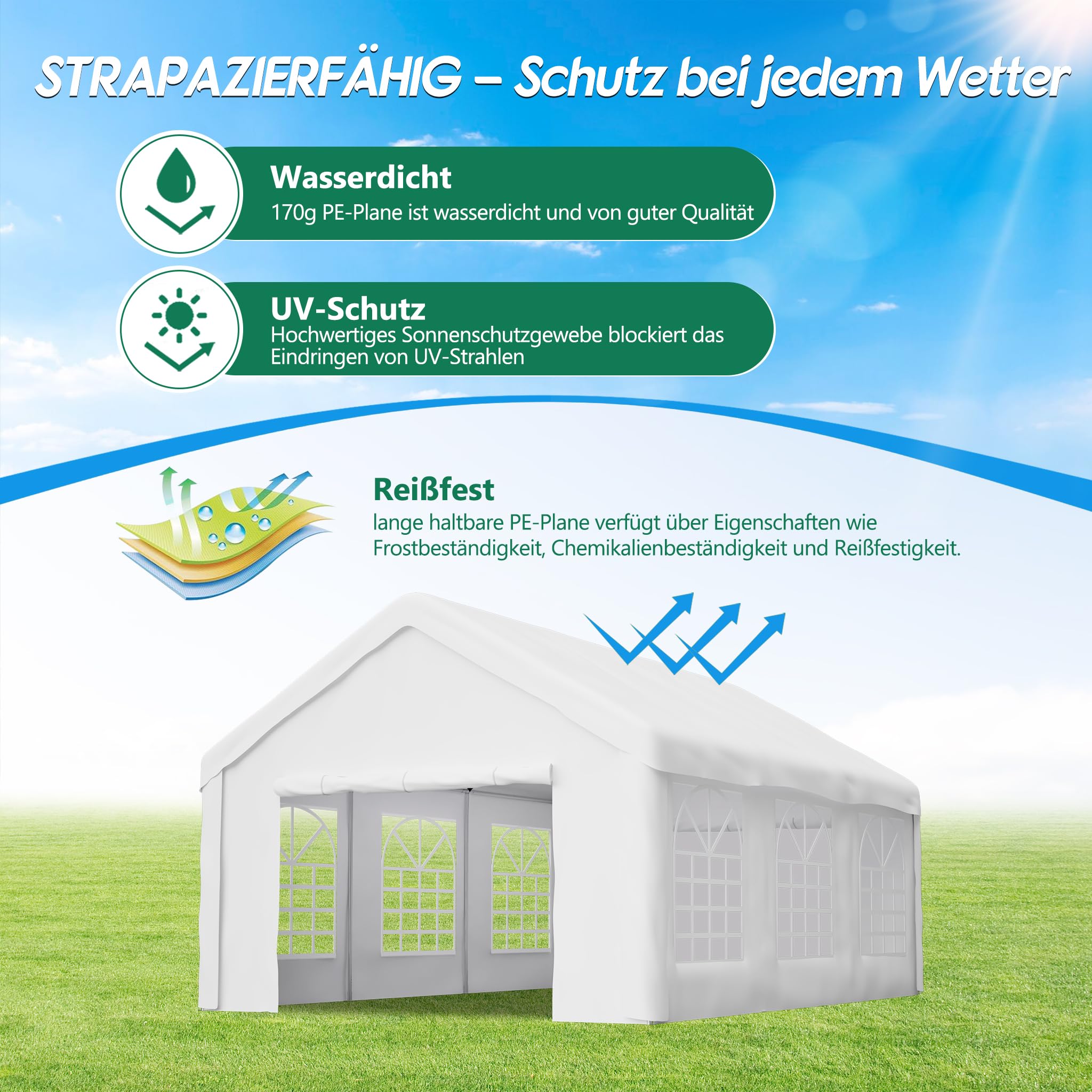 Pavillon 4x6 m, Faltpavillon, Wasserdicht, Winterfest, Pop Up Pavillon, UV Schutz Gartenpavillon mit 4 Seitenteilen, Partyzelt mit Fenstern für Camping Party, Weiß