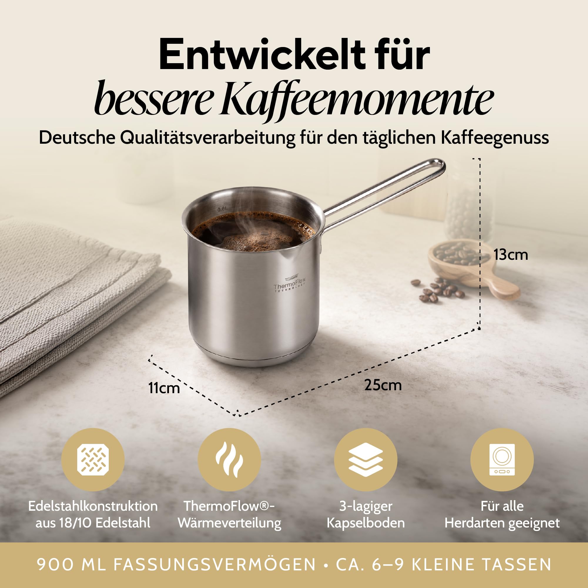 ROSMARINO Edelstahl-Induktions-Mokka-Kanne 900 ml – Türkische Cezve-Kaffeekanne aus 18/10 Edelstahl mit 3-lagigem Thermoboden, Spülmaschinengeeignet
