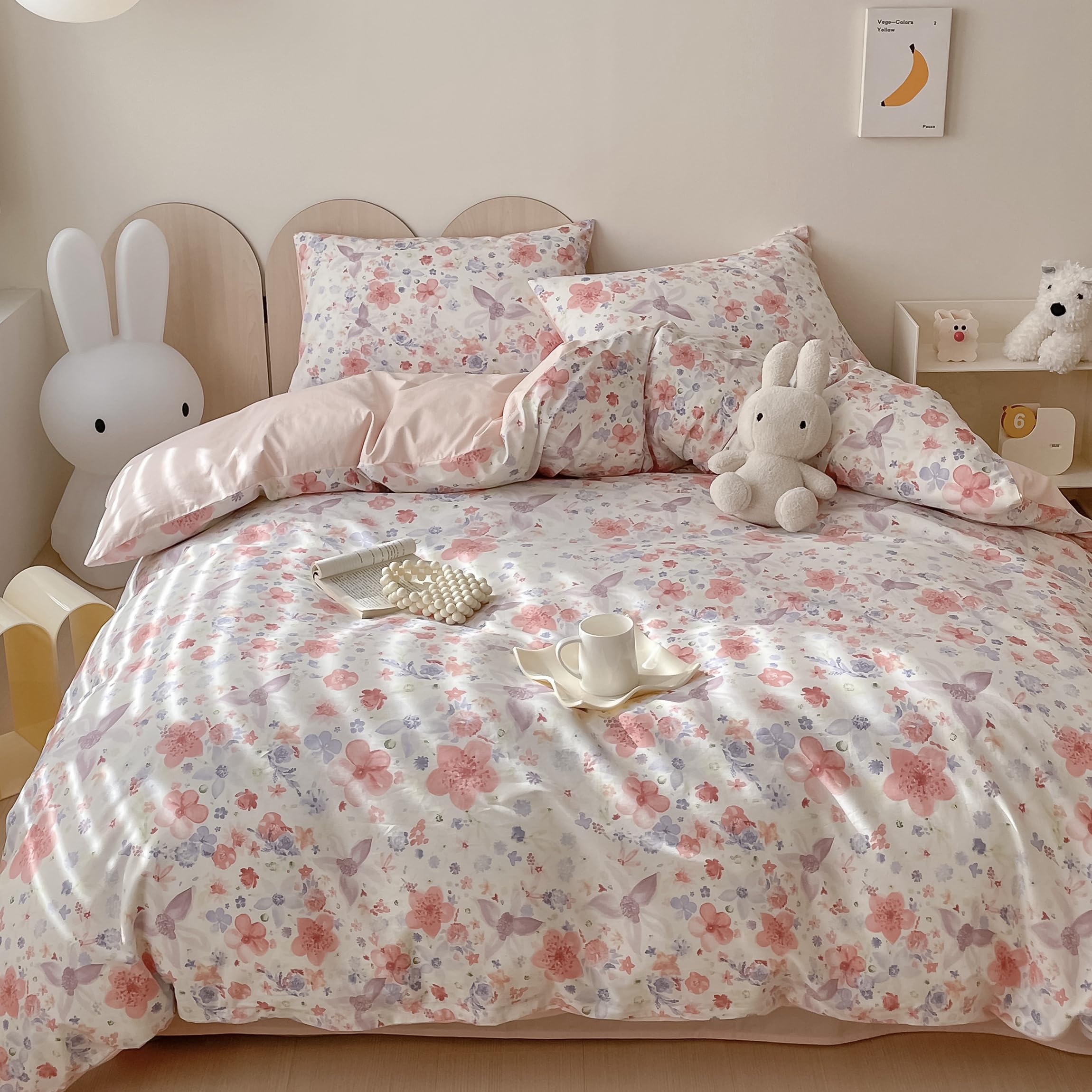 Yaofeiou Kinder Bettwäsche 100x135cm Baumwolle Bettwäsche Rosa Blumenmuster Bettbezug Mädchen Blumen Bettbezug Weiß Rosa Wendebettwäsche mit Reißverschluss und 1 Kissenbezug 40x60 Küche, Haushalt & Wohnen