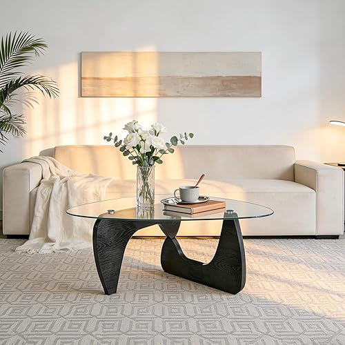 Miniatura 5 de Mesa auxiliar negra para sala de estar, mesa central ovalada moderna de 35.4 pulgadas con parte superior de vidrio templado y base de madera Negro +