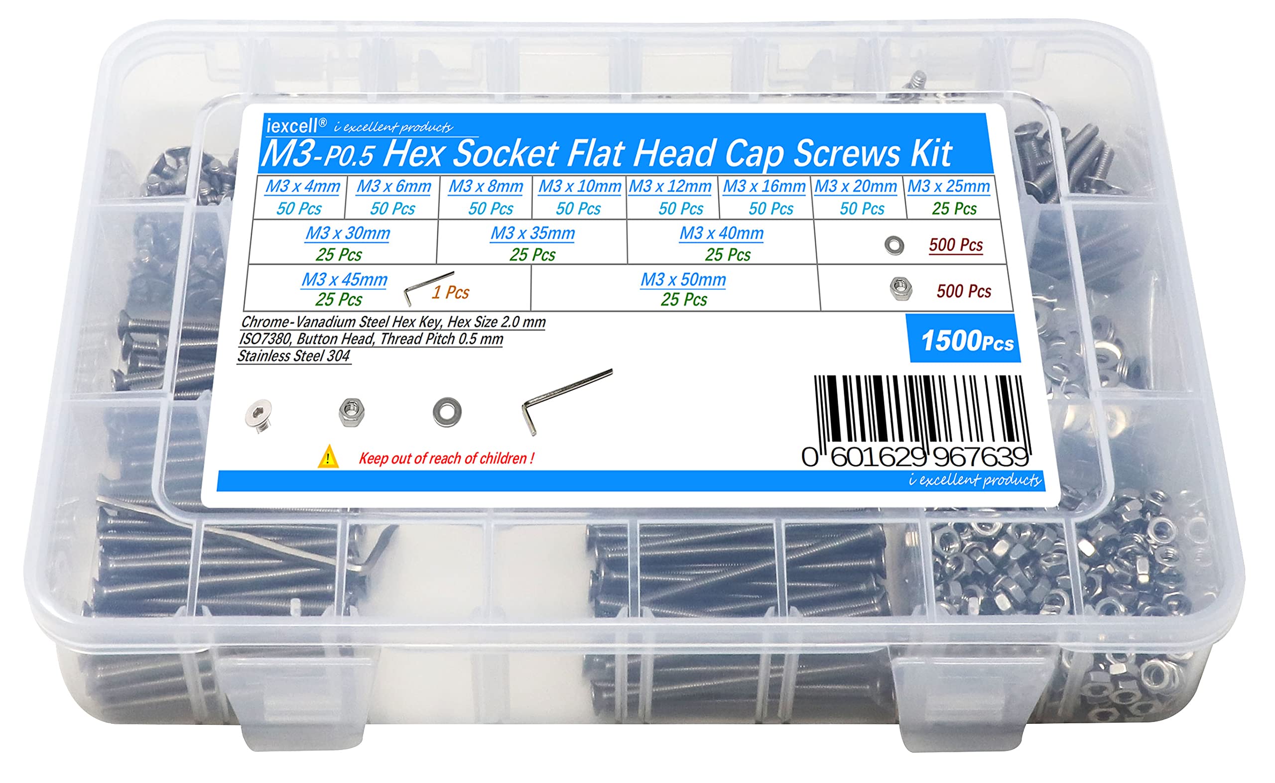 iexcell1500 Pcs M3 x 4/6/8/10/12/16/20/25/30/35/40/45/50 Stainless Steel 304 Hex Socket Flat Head Cap Screws Blots Nuts Washers Assortment Kit