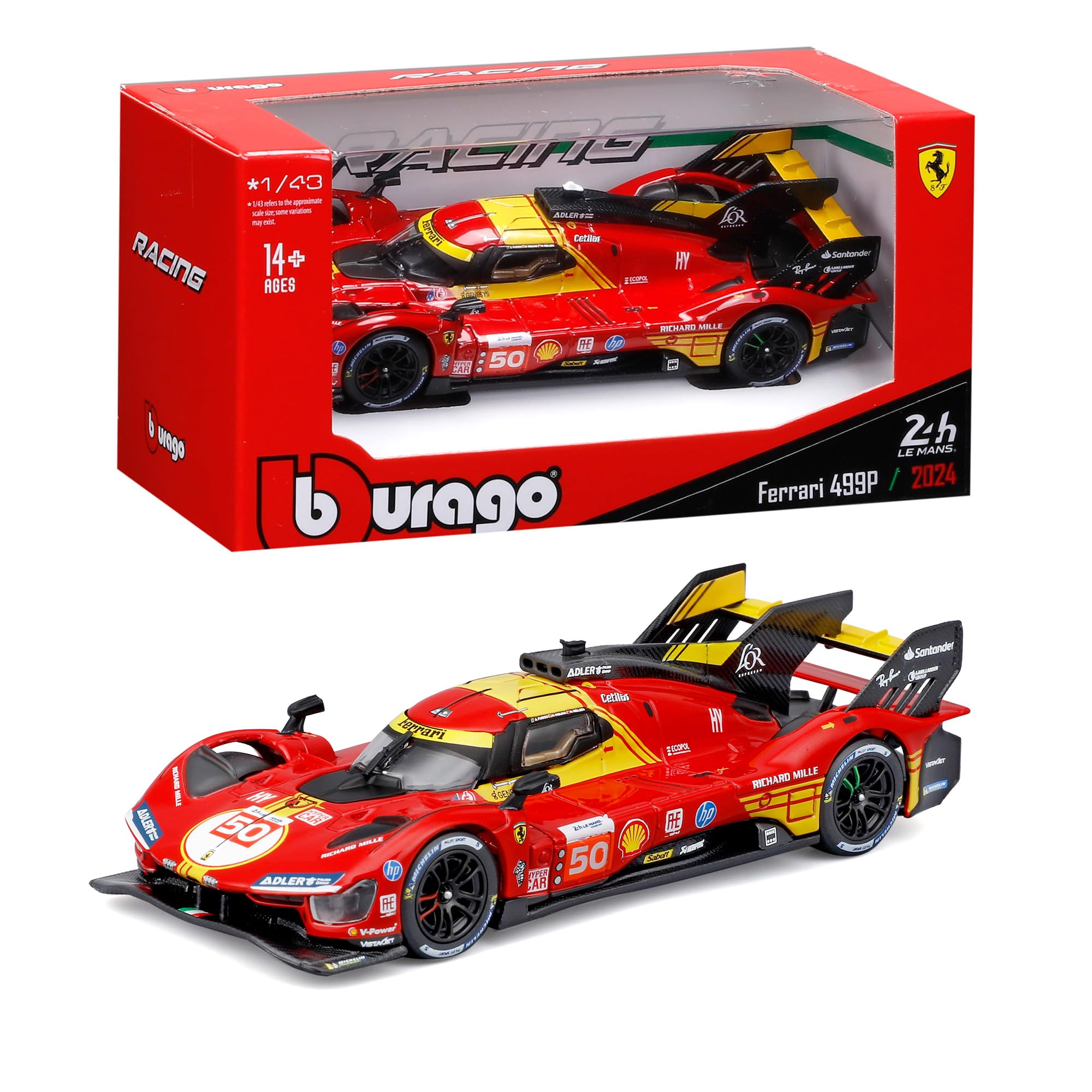 Bburago - Ferrari 499P Winner 2024#50, 1:43 Scale Diecast Car, Detailed Replica of the Le Mans 24H Winner, Officially Licensed by Ferrari, Recommended Age 14+ Years