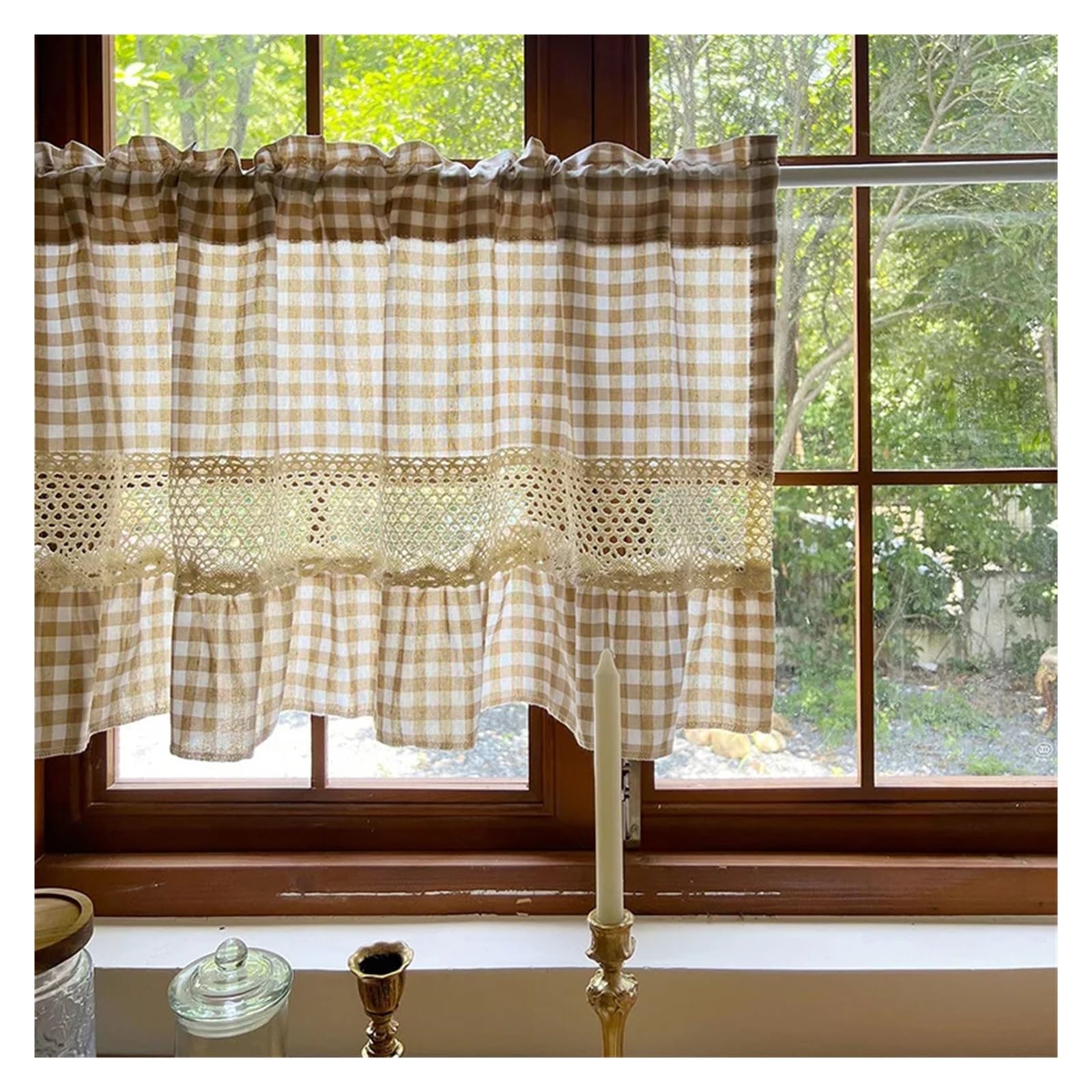 DFGRGRV Ruffle Curtains Ruffled Hollowed Crochet Lace Short Curtain For Kitchen Living Room Homestay Farmhouse Small Window(W140 x H45cm 1PC)