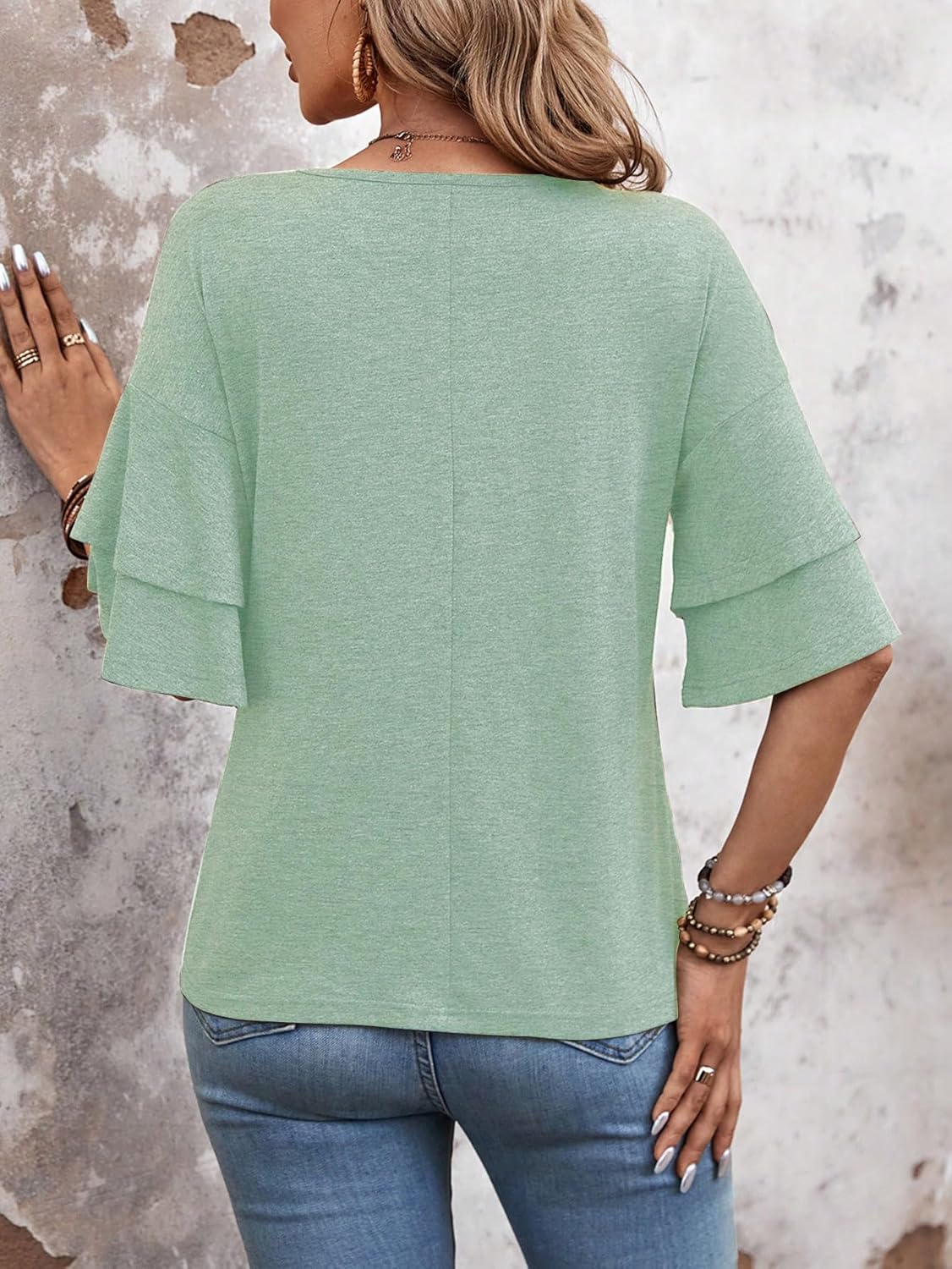 Womens Top Ruffle T Shirts Short Sleeve Blouses V Neck Tee Bell Sleeve Fall Spring Summer Fashion Clothes Cute Tunic - Image 2