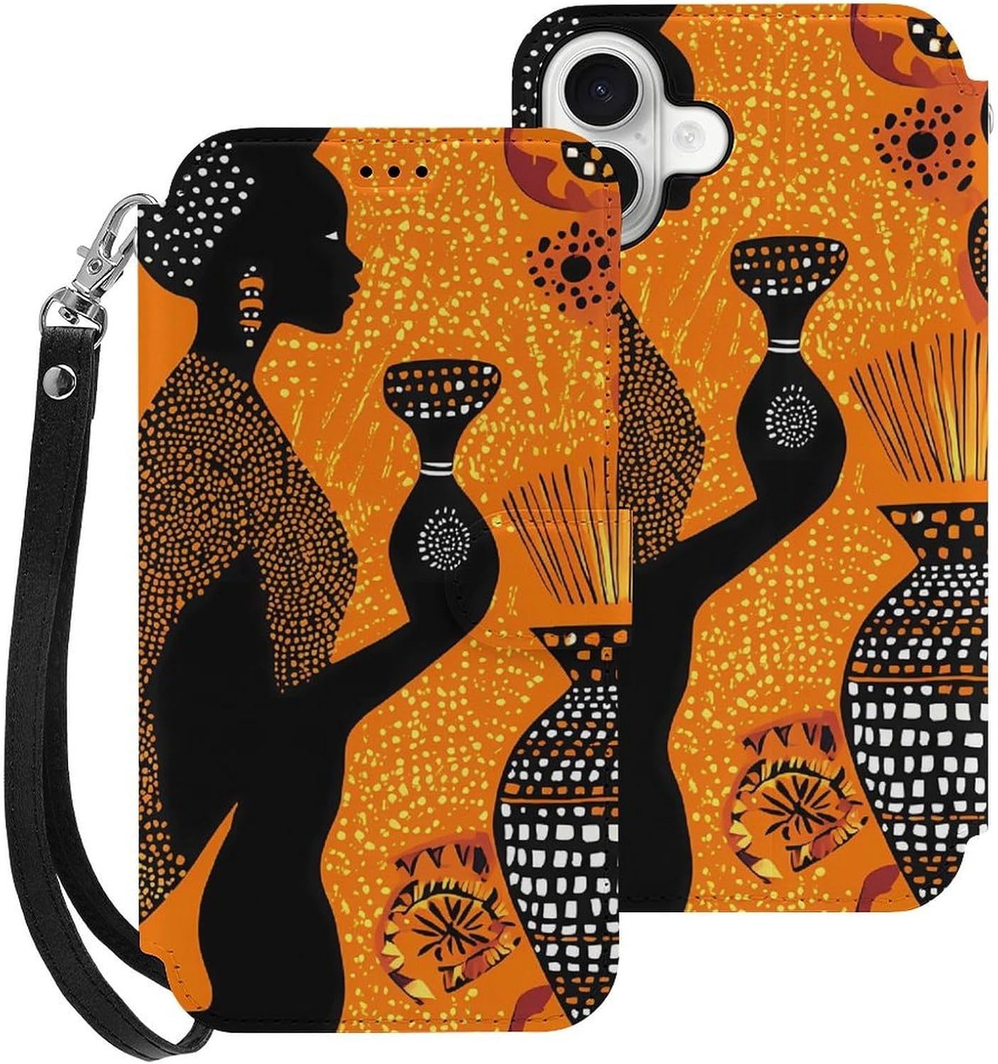 African Woman Traditional Pattern Compatible with iPhone 16/16 Plus/16 Pro/16 Pro Max/16 E Case Phone Wallet Card Holder Flip Cover with Wrist Strap