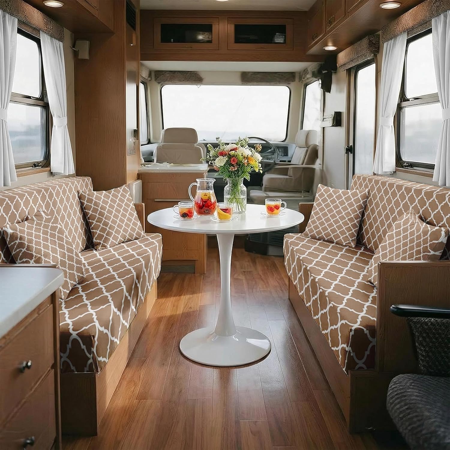 6 Pcs RV Dinette Cushion Covers Set Beige Geometric Camper Cushion Covers Beige Replacement Soft Washable RV Happy Camping Seat Cover for Travel Trailer Motorhome Booth Dinette Camper Interior Decor