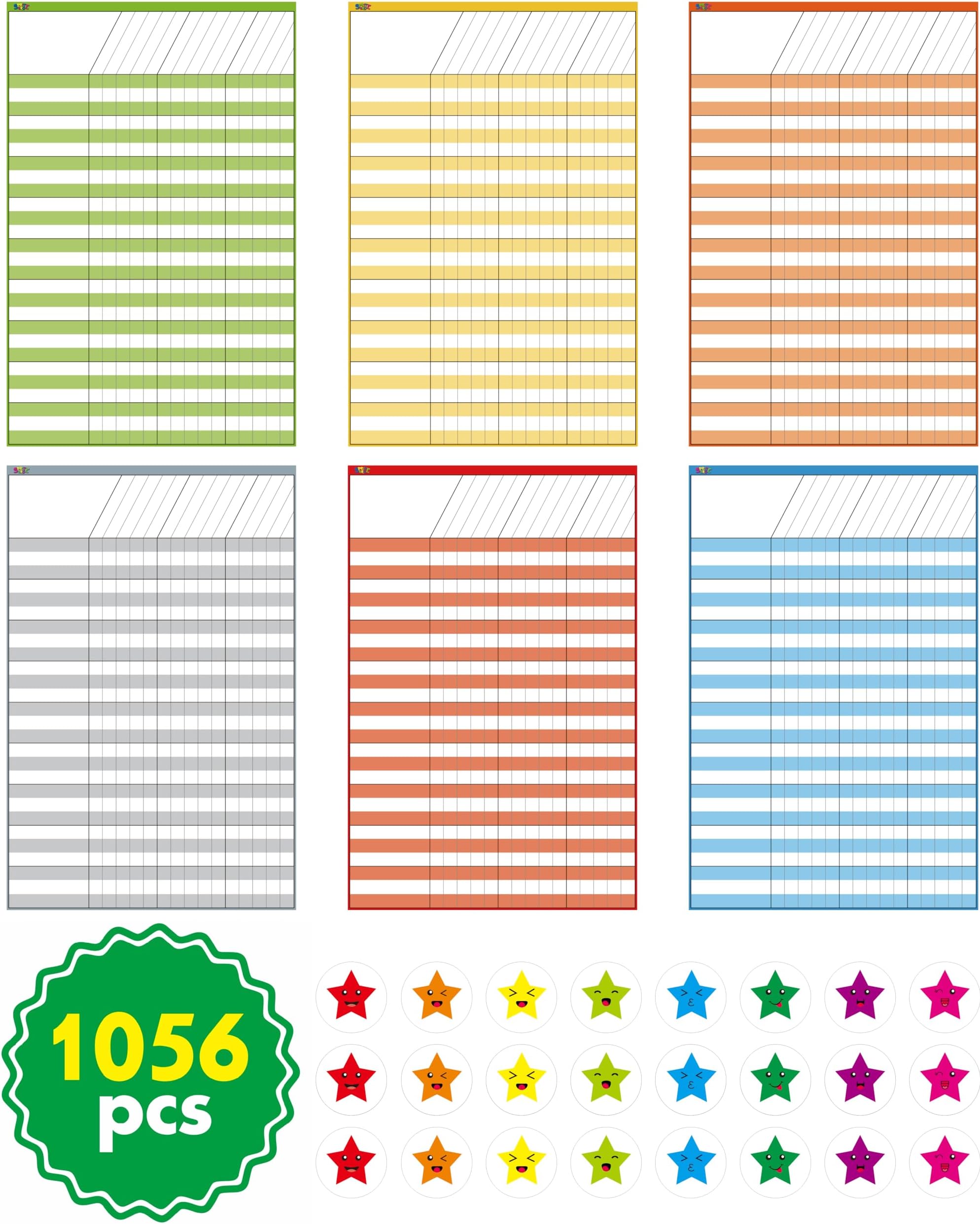 6 Pack Dry Erase Incentive Chart, 6 Multi-Color Tracking Chart with 1056 Reward Stars for Chore/Responsibility/School Attendance/Homework Progress Tracking, 27 Rows X 15 Columns (11" x 17")