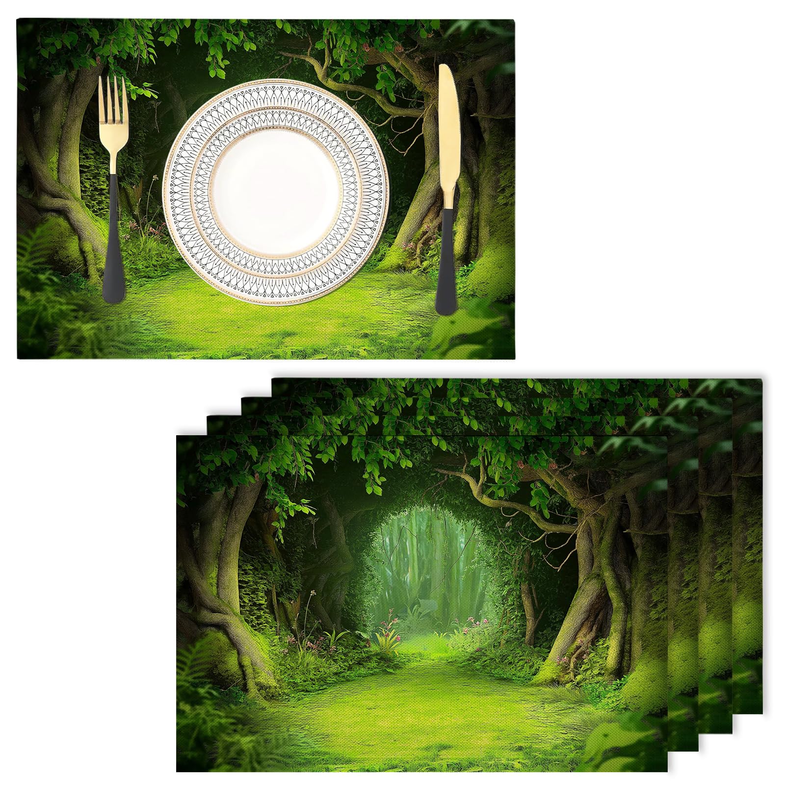 Placemats Washable Set of 2-30 x 45 cm forest Placemats, Trees Cotton Linen Hemstitch Place Mats for Table, Kitchen, Dining