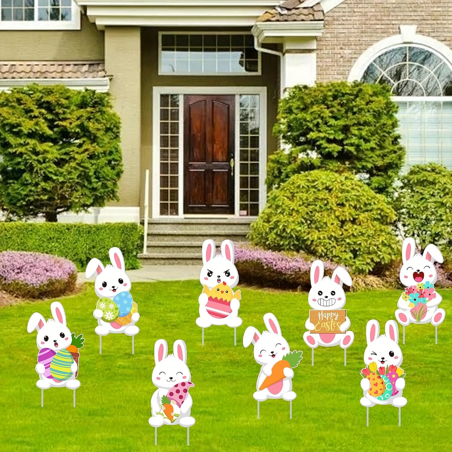 8 Pack Easter Bunny and Egg Yard Signs with Stakes, Waterproof Outdoor Garden and Lawn Decorations for Spring Holiday Celebrations (Colorful)