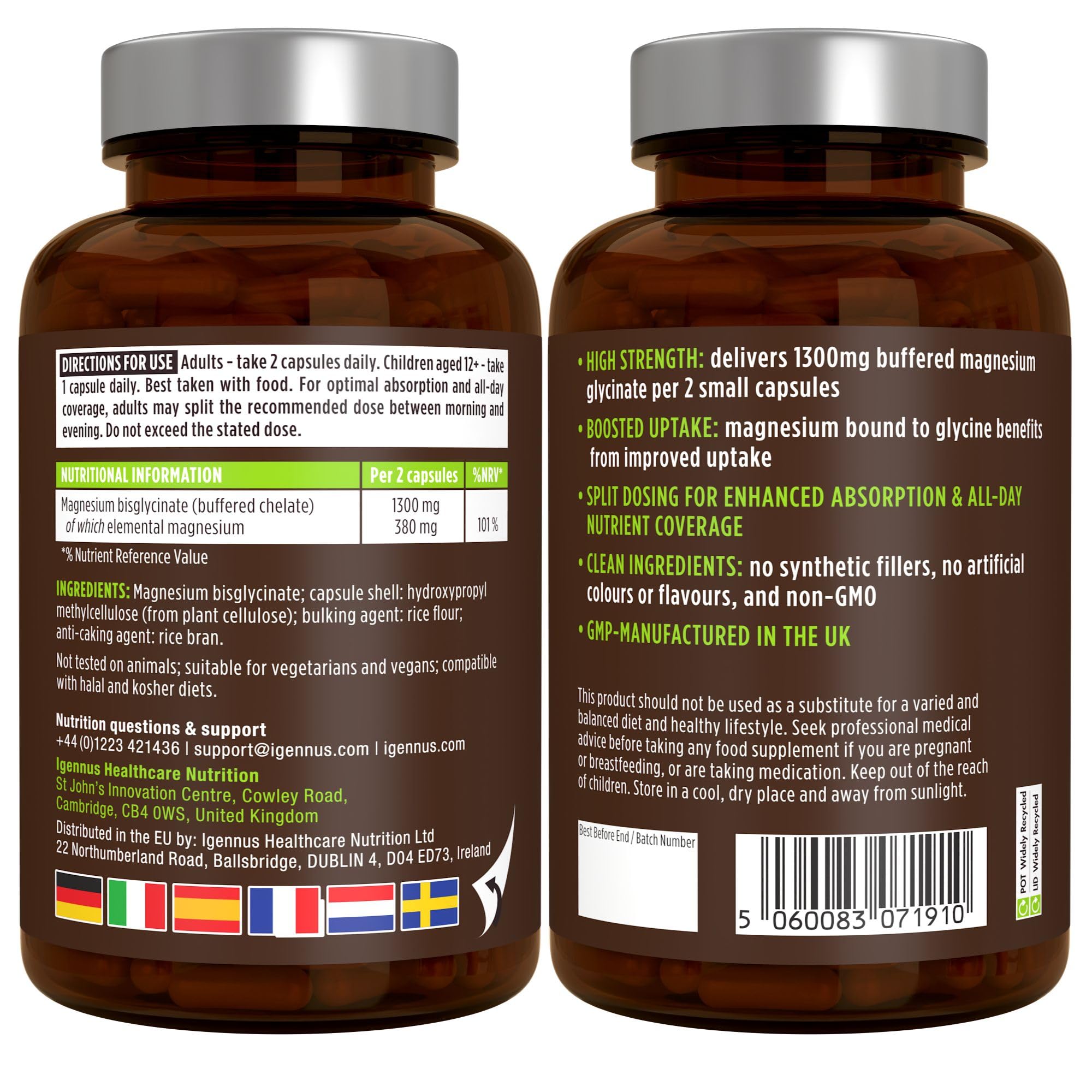 Igennus Magnesio Glicinato Chelato 380mg, 180 Capsule (3 Mesi), Bisglicinato Puro ad Alto Assorbimento, Delicato sullo Stomaco, Supporta Sonno, Muscoli e Sistema Nervoso, Ingredienti Puri e Vegani
