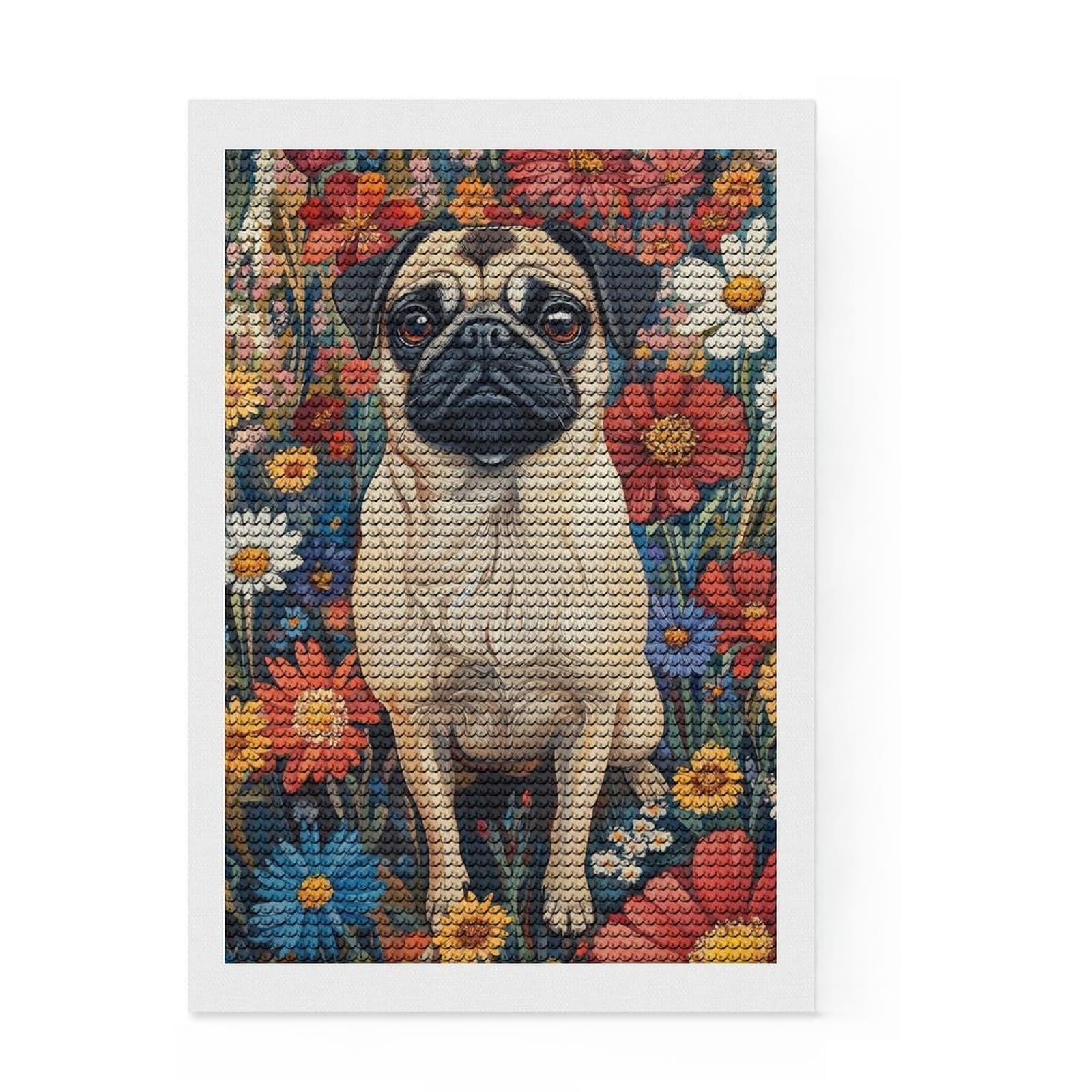 Junmoney Pug in A Flower Field Pug Surrounded by Blooms Dog Wall Art Print Diamond Art Kit 8"x12", for Women, Full Kit Included, Boho Decor, Birthday Gift, Creative Leisure Activity
