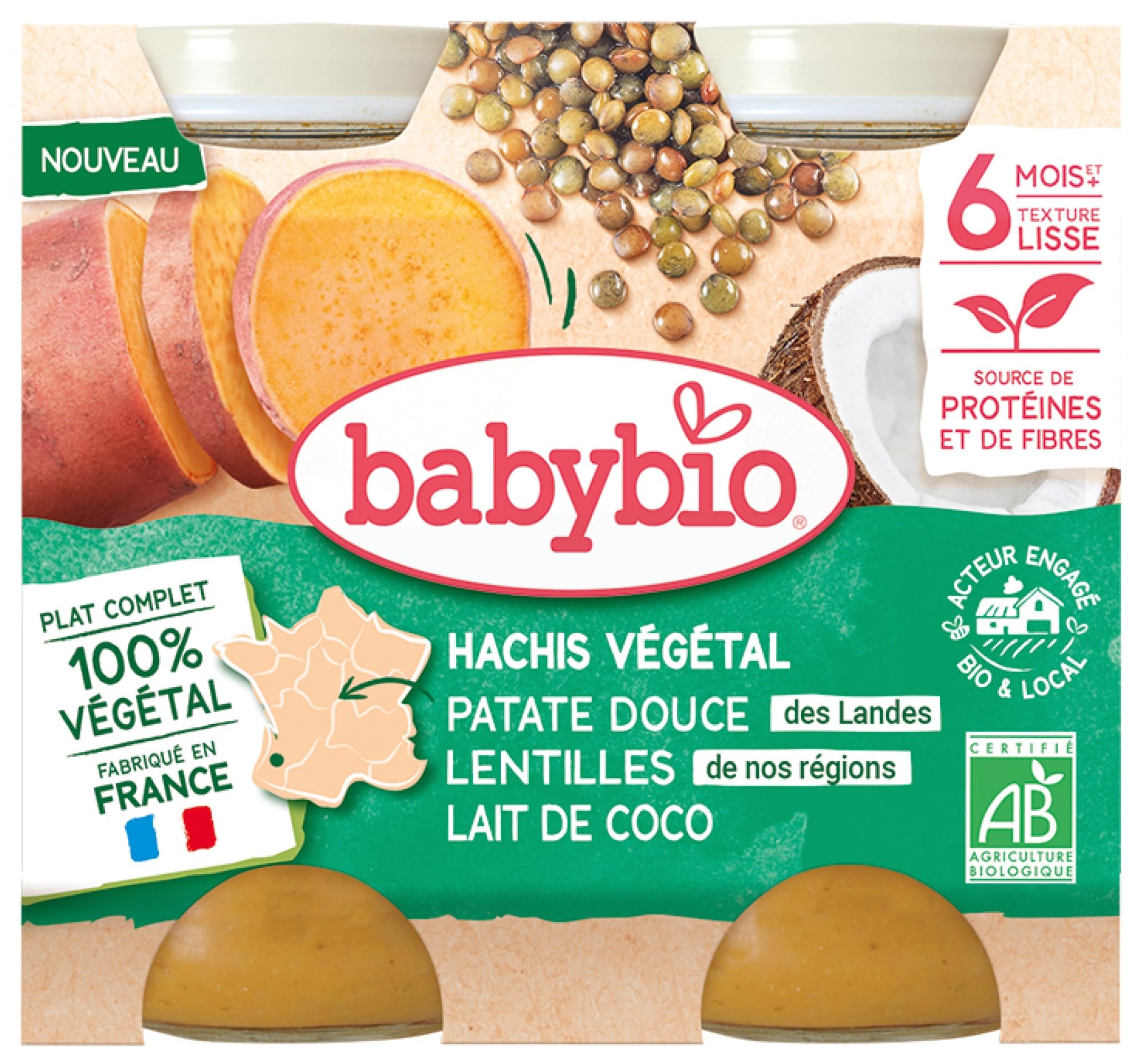 Babybio Hachis Végétal Patate Douce Lentilles Lait de Coco 6 Mois et + Bio 2 Pots de 200 g