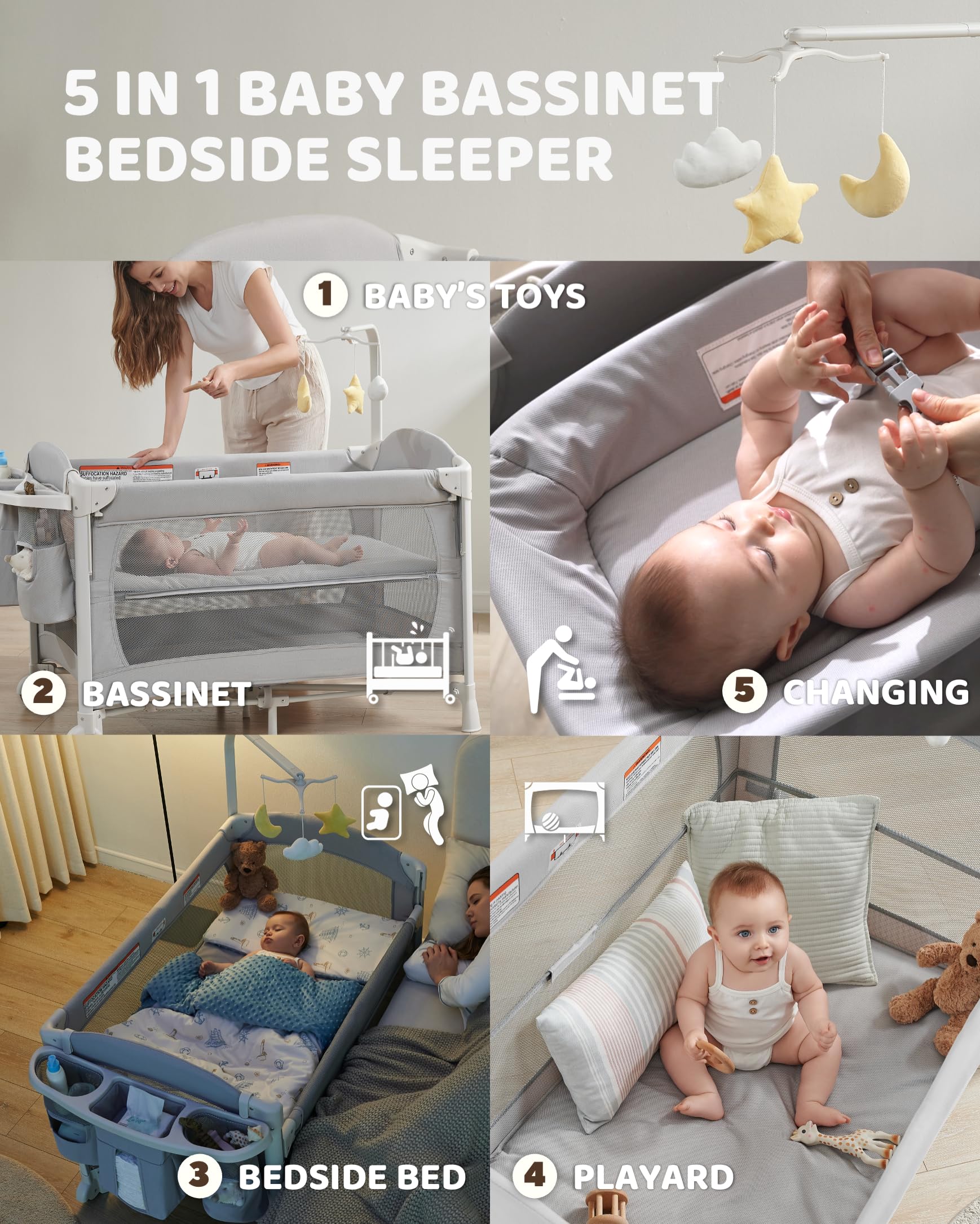 Joybai 5 in 1 Baby Bassinet Bedside Sleeper, Baby Bedside Crib 5 Functions, Bedside Sleeper, Bassinet Crib, Changing Station for Newborn Baby